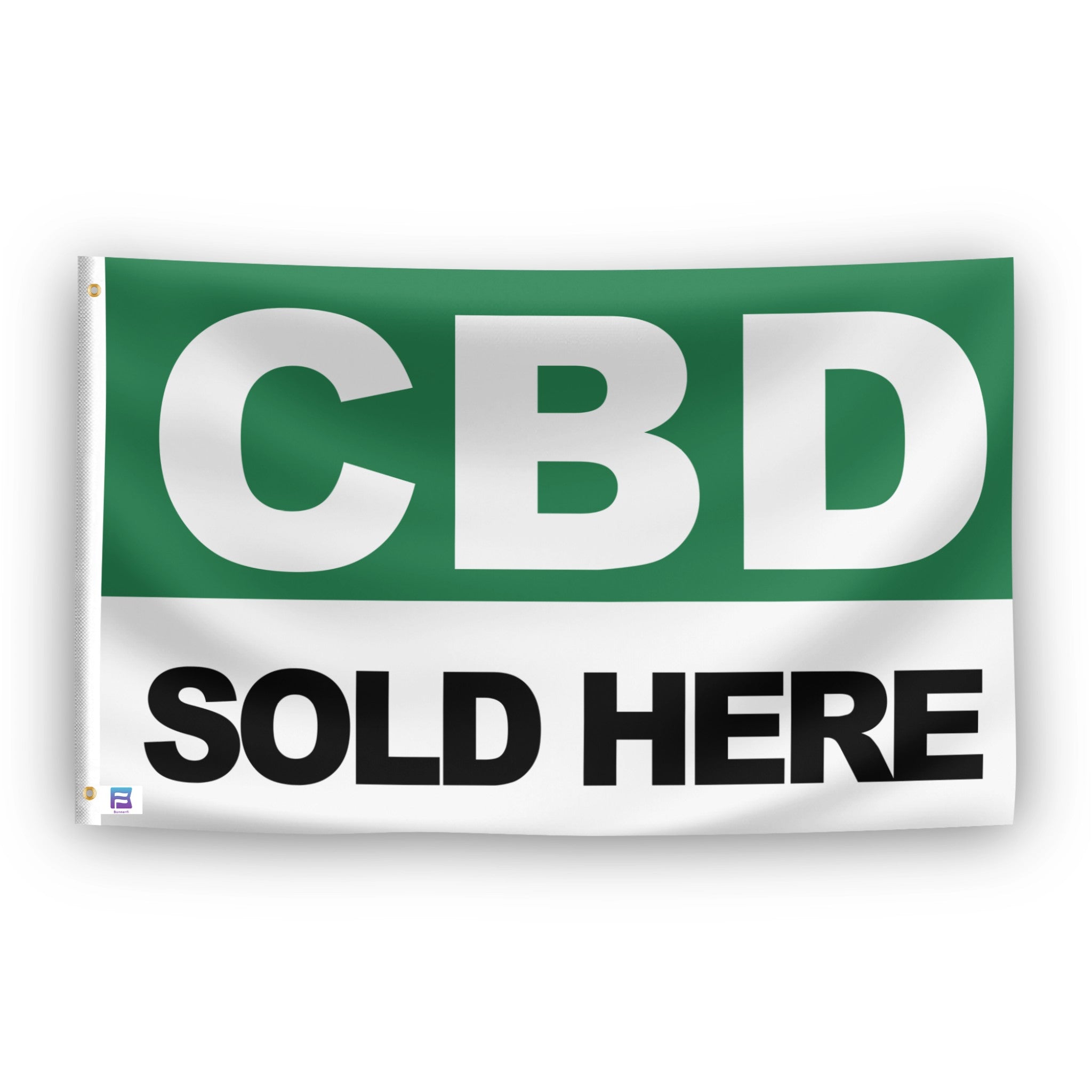 Green and white banner with 'CBD Sold Here' text on a white background