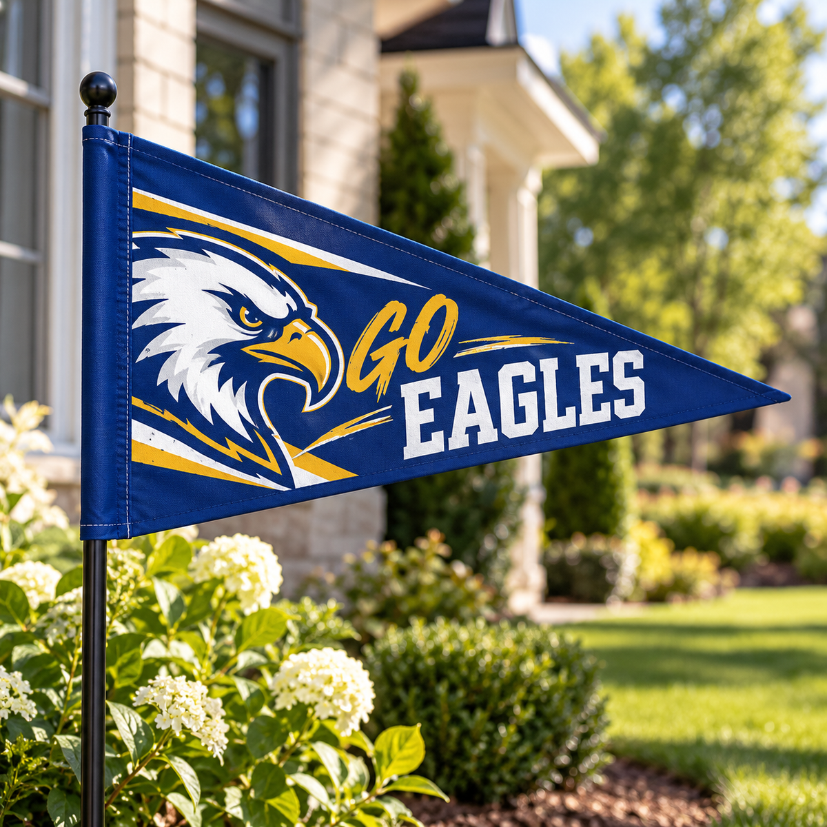 Custom Pennant Flags by Bannerfi; blue house flag featuring an eagle graphic and GO EAGLES text.