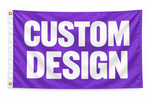 Custom Flags house flag, purple with bold white CUSTOM DESIGN lettering; left white edge with brass grommets.