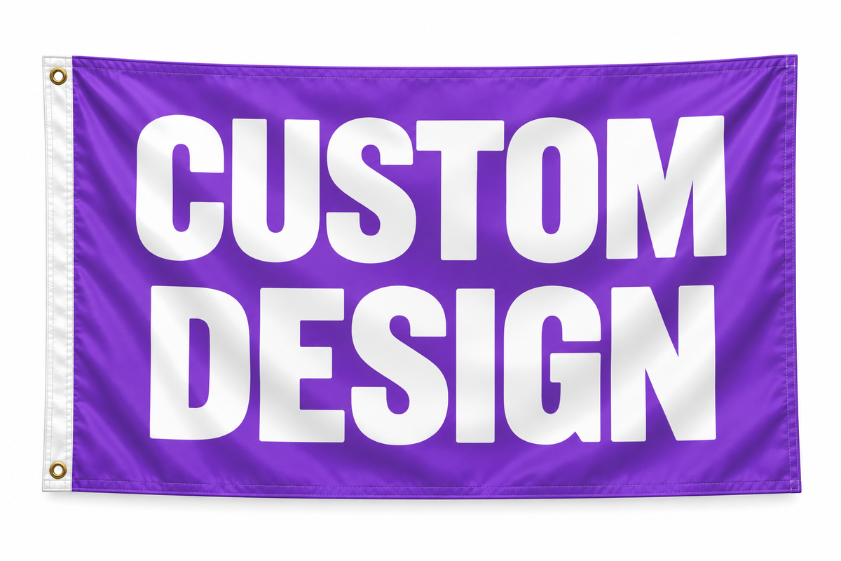 Custom Flags house flag, purple with bold white CUSTOM DESIGN lettering; left white edge with brass grommets.