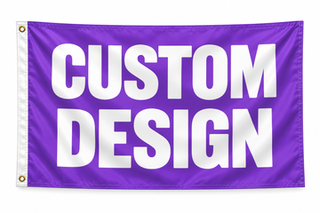 Custom Flags house flag, purple with bold white CUSTOM DESIGN lettering; left white edge with brass grommets.