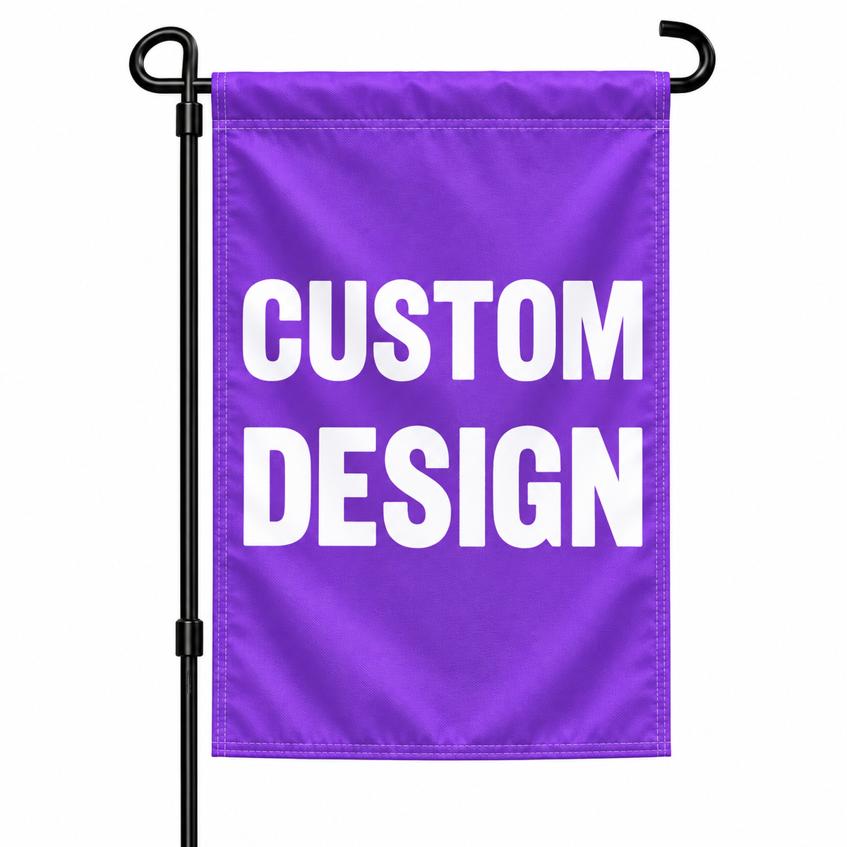 Custom Garden Flag by Bannerfi, purple flag with bold white CUSTOM DESIGN text on a black flagpole.
