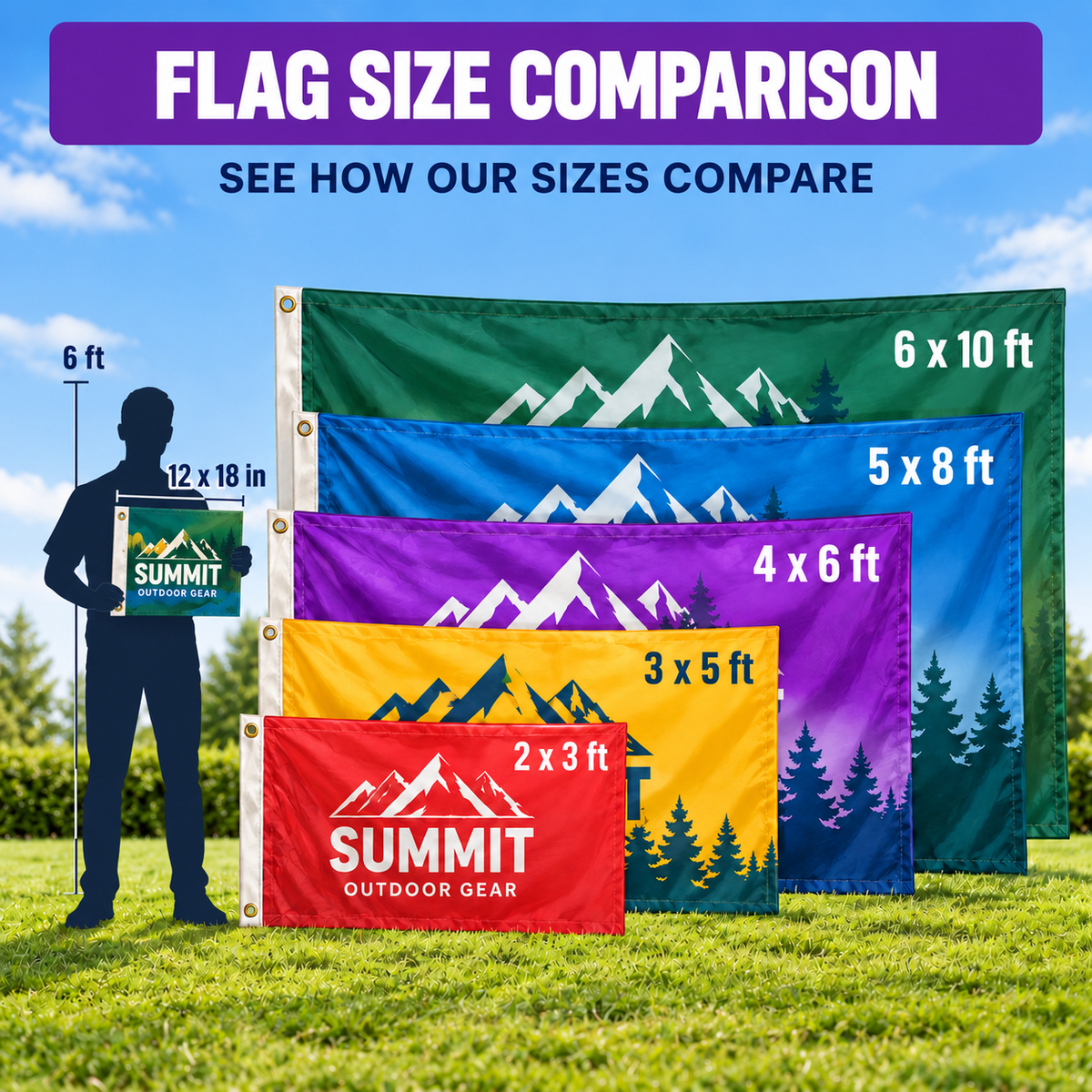 Custom Flags by Bannerfi; five mountain-themed house flags from 6x10 ft to 2x3 ft displayed with a 12x18 sample panel.