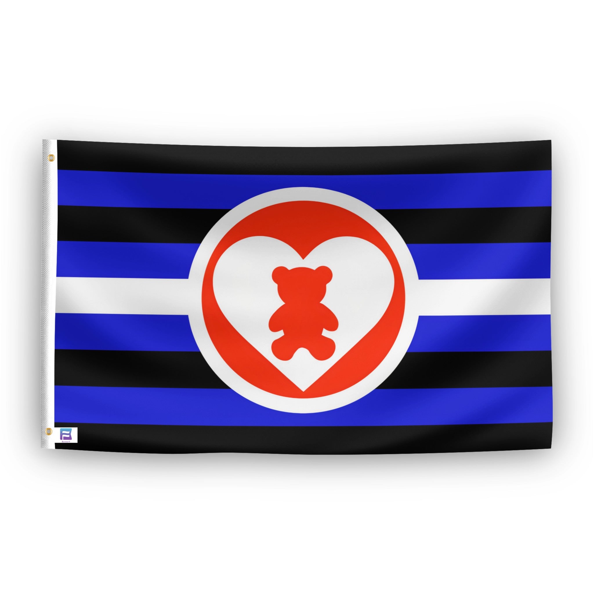 DDLG Flag with blue, black, and white stripes and a red heart with a bear inside