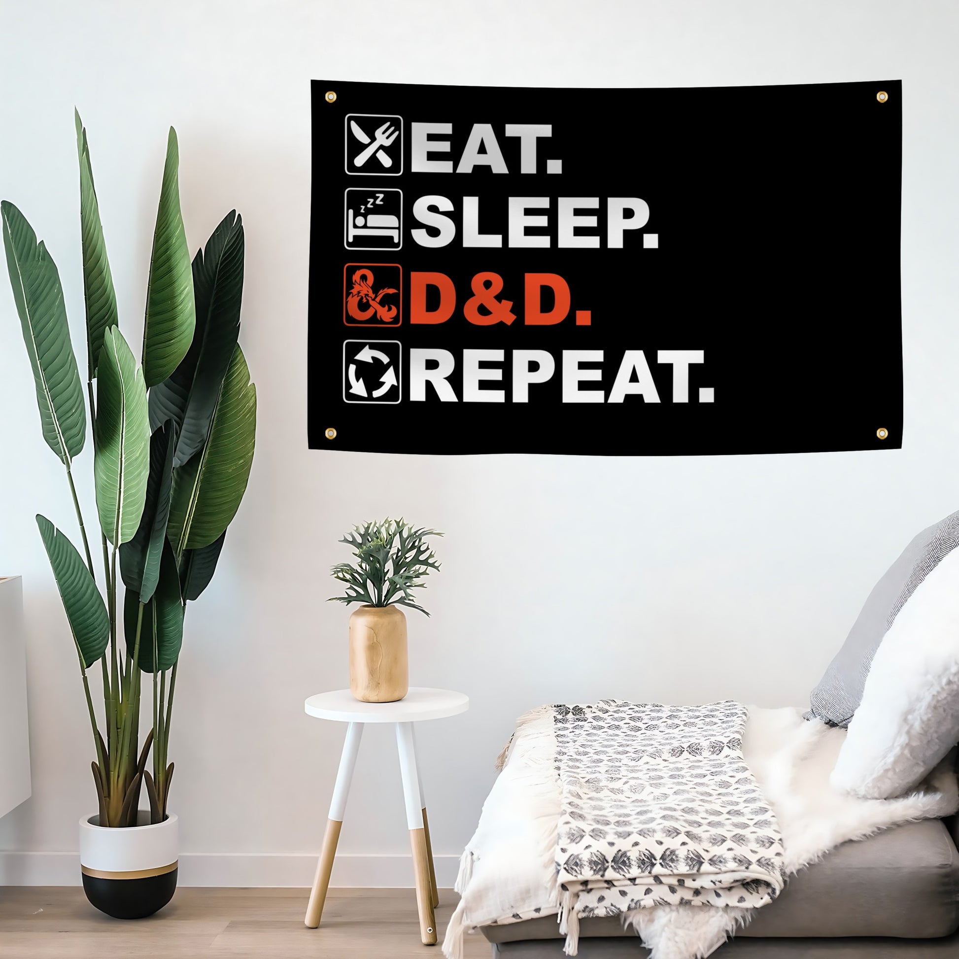 Decorative flag banner with 'Eat. Sleep. & D&D. Repeat.' text in a living room setting.