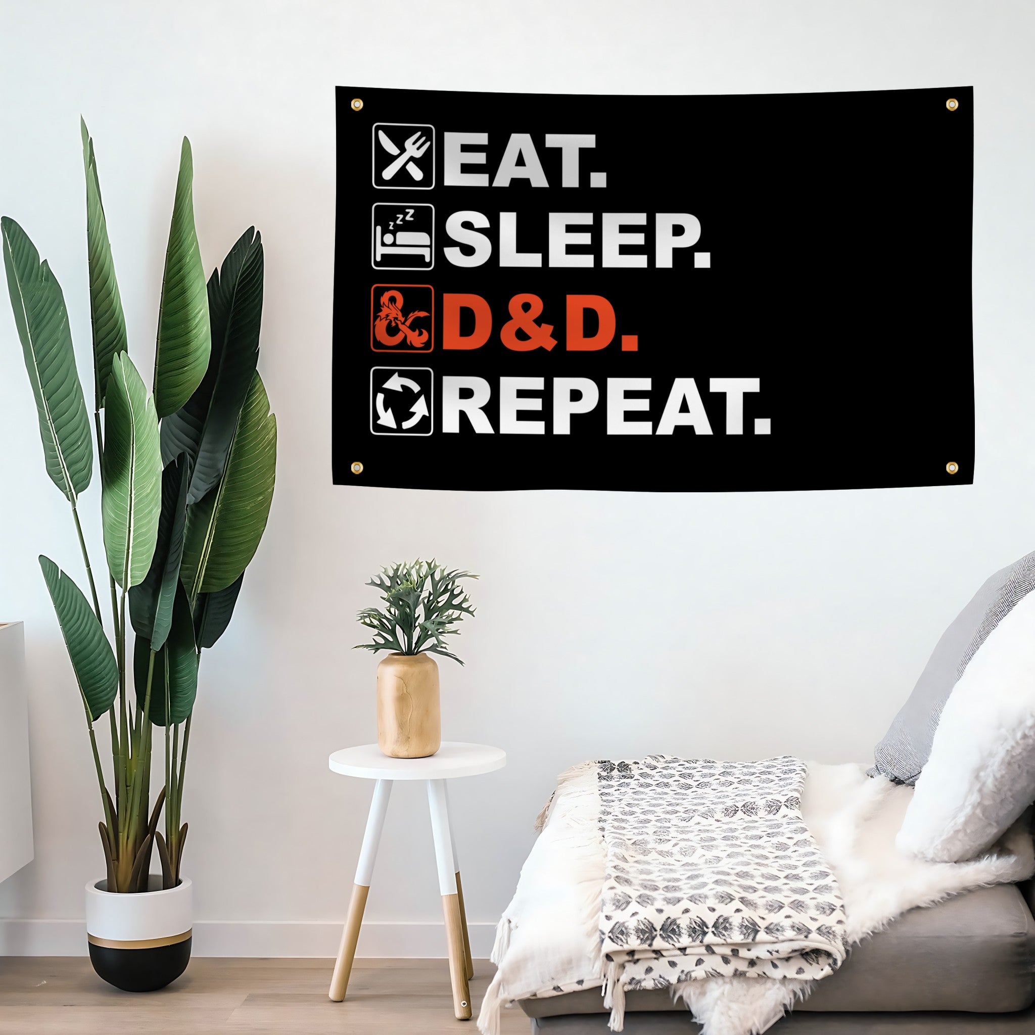 Decorative flag banner with 'Eat. Sleep. & D&D. Repeat.' text in a living room setting.