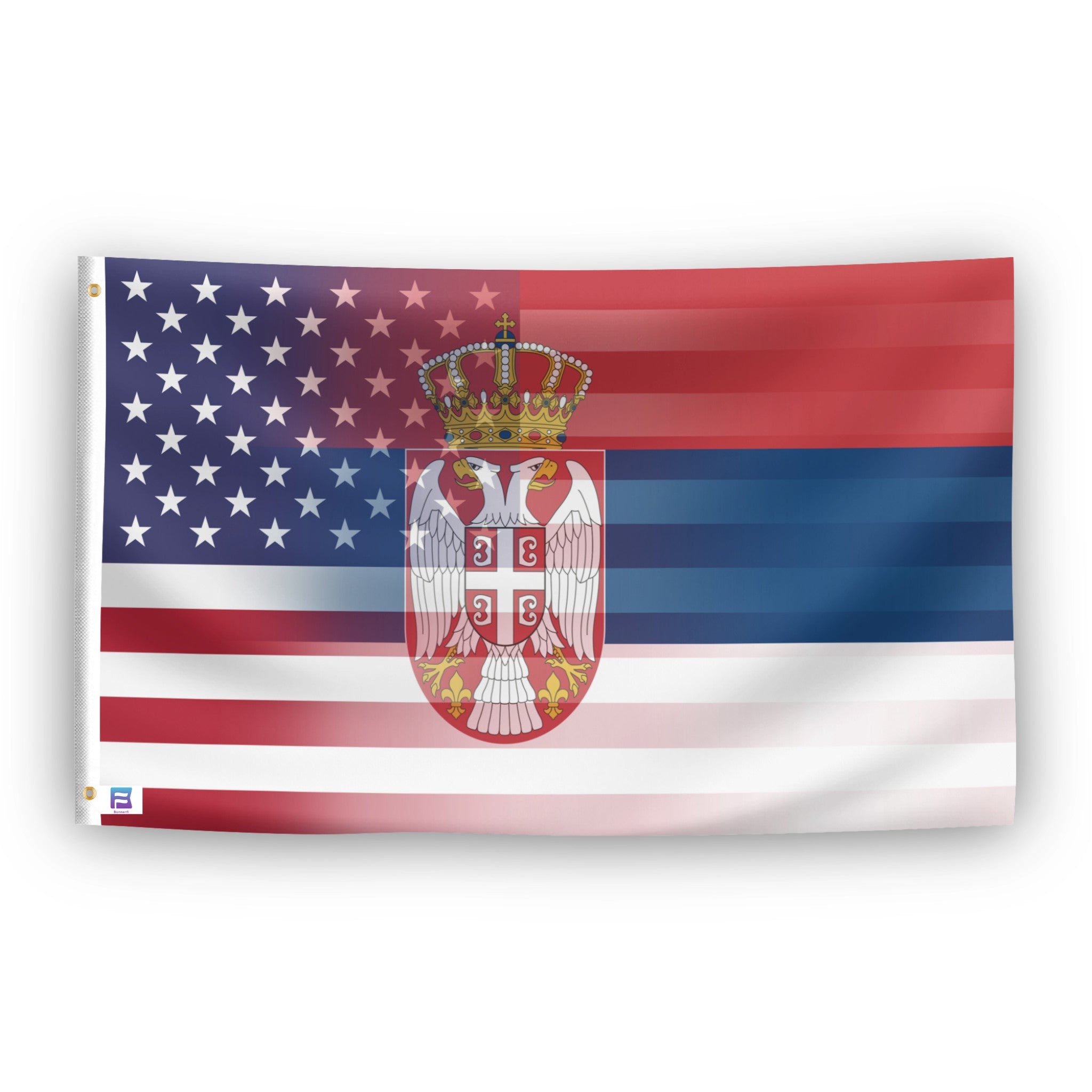 Flag with American and Serbian design elements blended together.