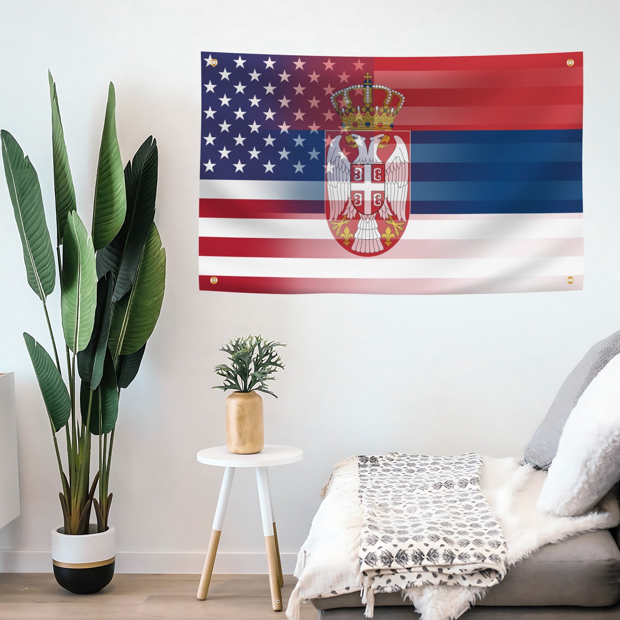 Flag of the United States and Serbia with a coat of arms on a wall in a room with plants and furniture.