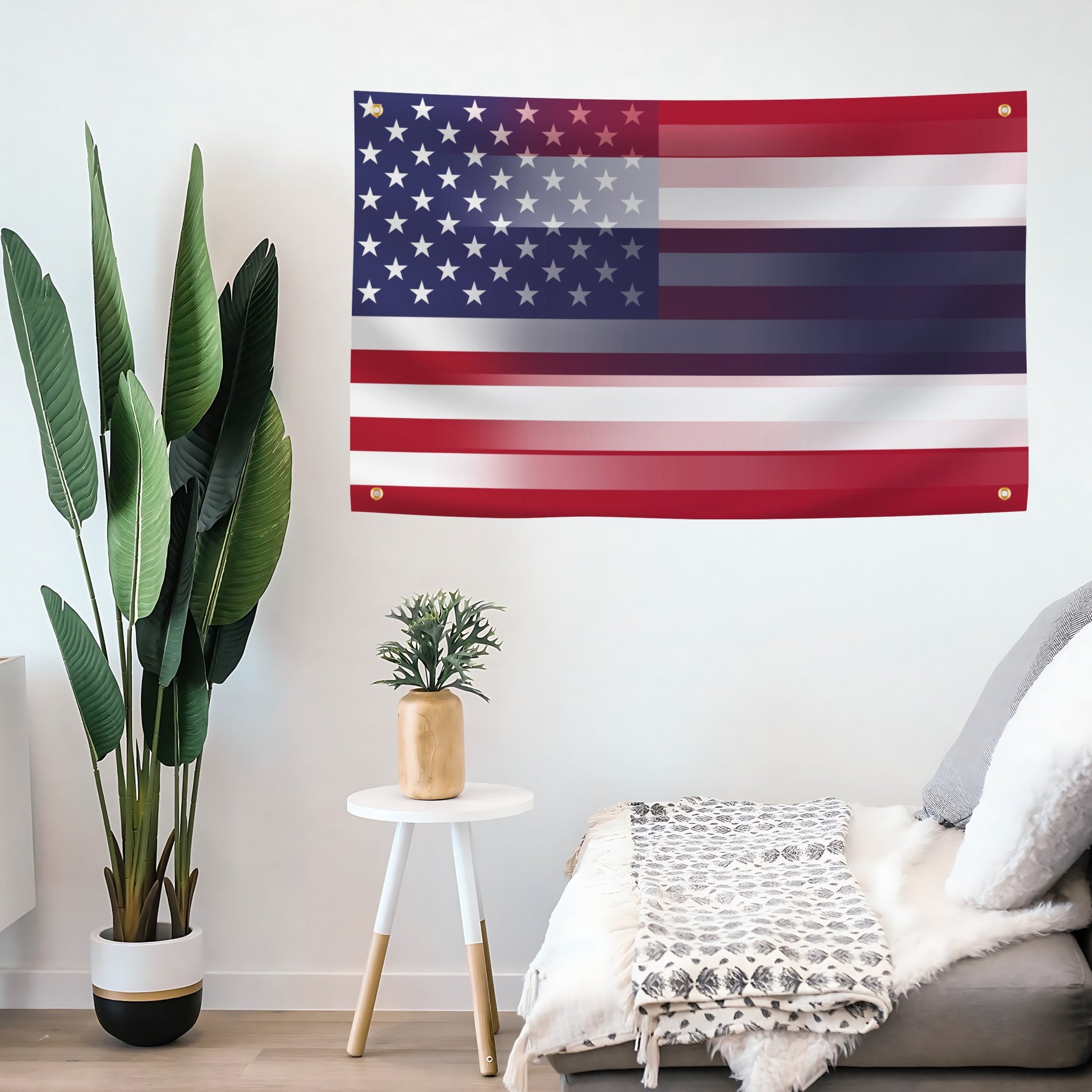 Thai American Hybrid flag wall hanging in a living room with plants and a sofa.