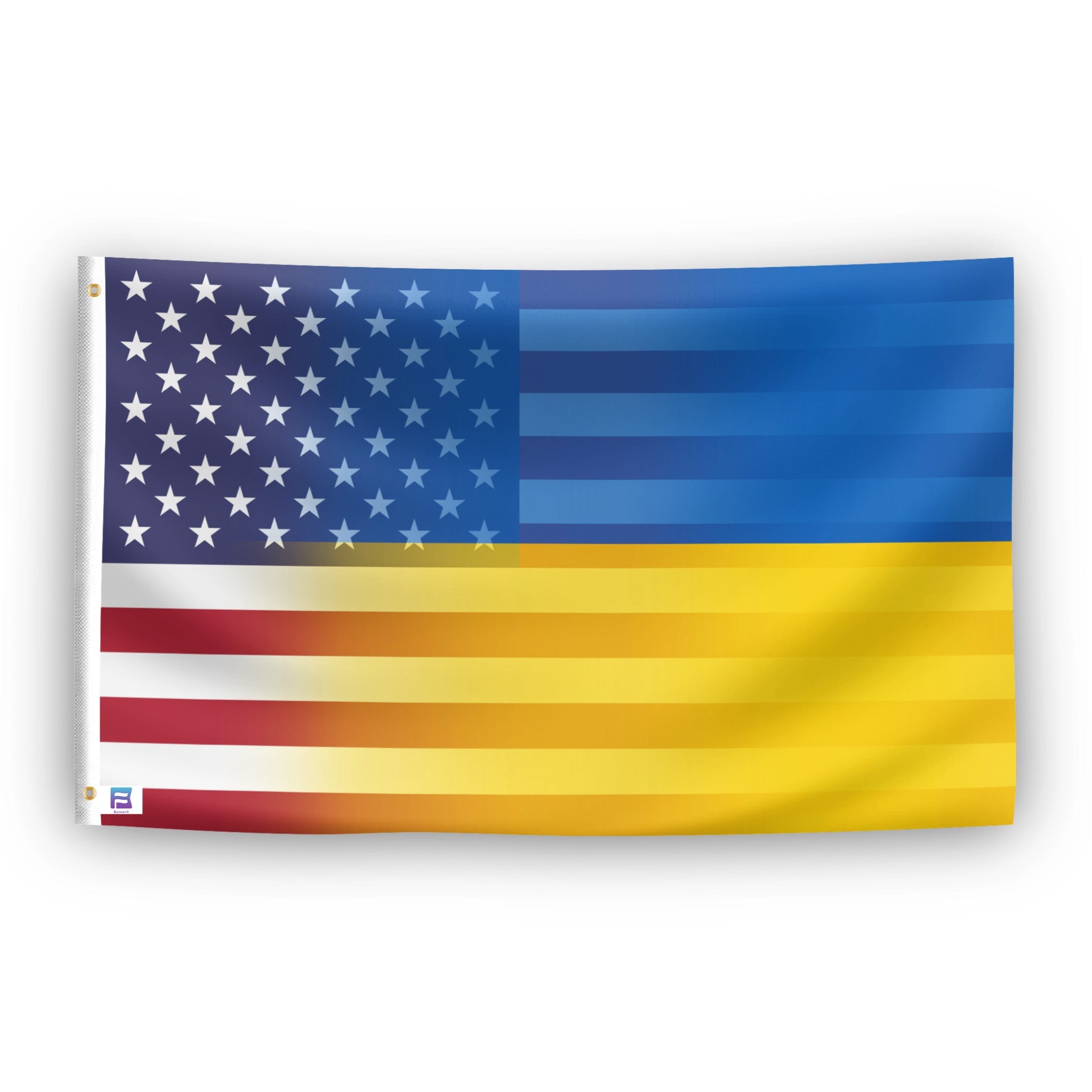 Ukrainian and American flag blend with blue, yellow, and red stripes featuring white stars on a white background.