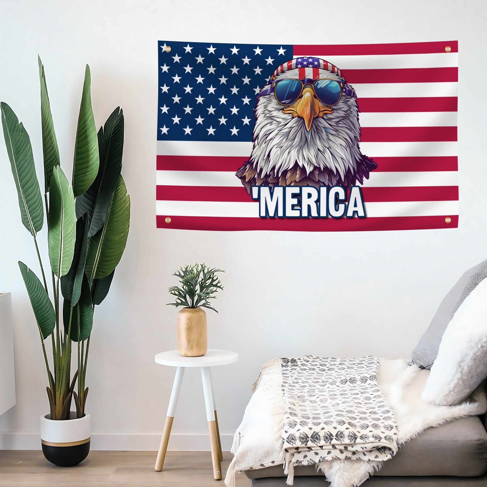 Room interior with a large American flag banner featuring an eagle and 'MERICA' text, plants, and a chair.