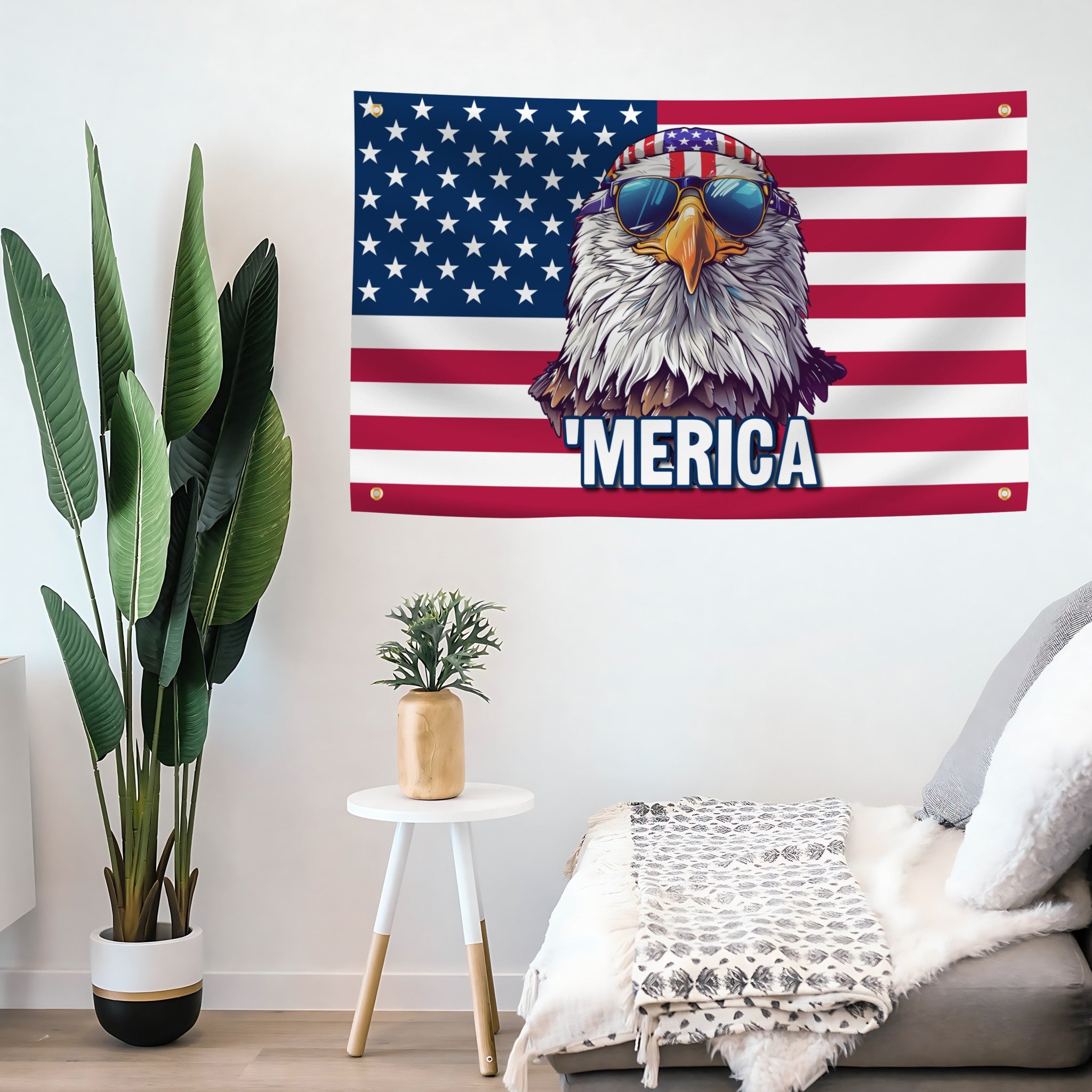 Room interior with a large American flag banner featuring an eagle and 'MERICA' text, plants, and a chair.