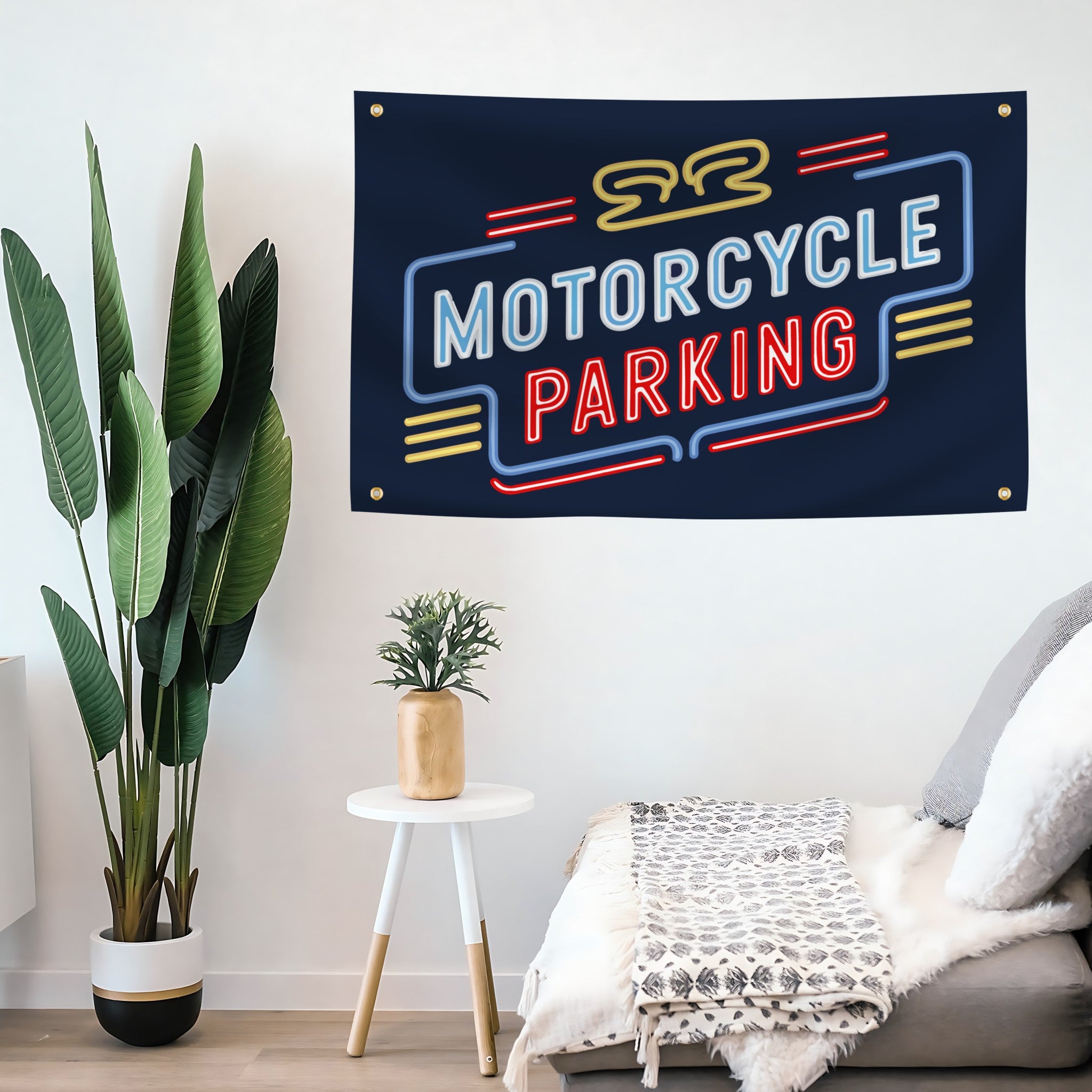 Neon-style 'Motorcycle Parking' flag banner hanging on a wall above a sofa.