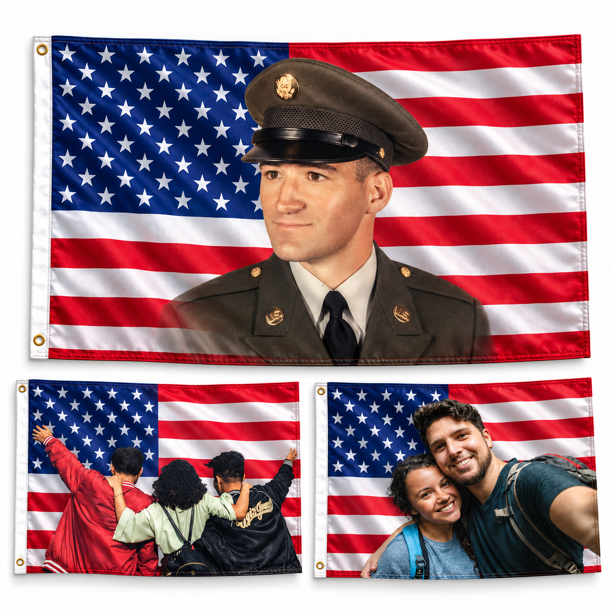 Custom Photo American Flag house flag; large flag with a soldier portrait on the US flag, plus two smaller flags.