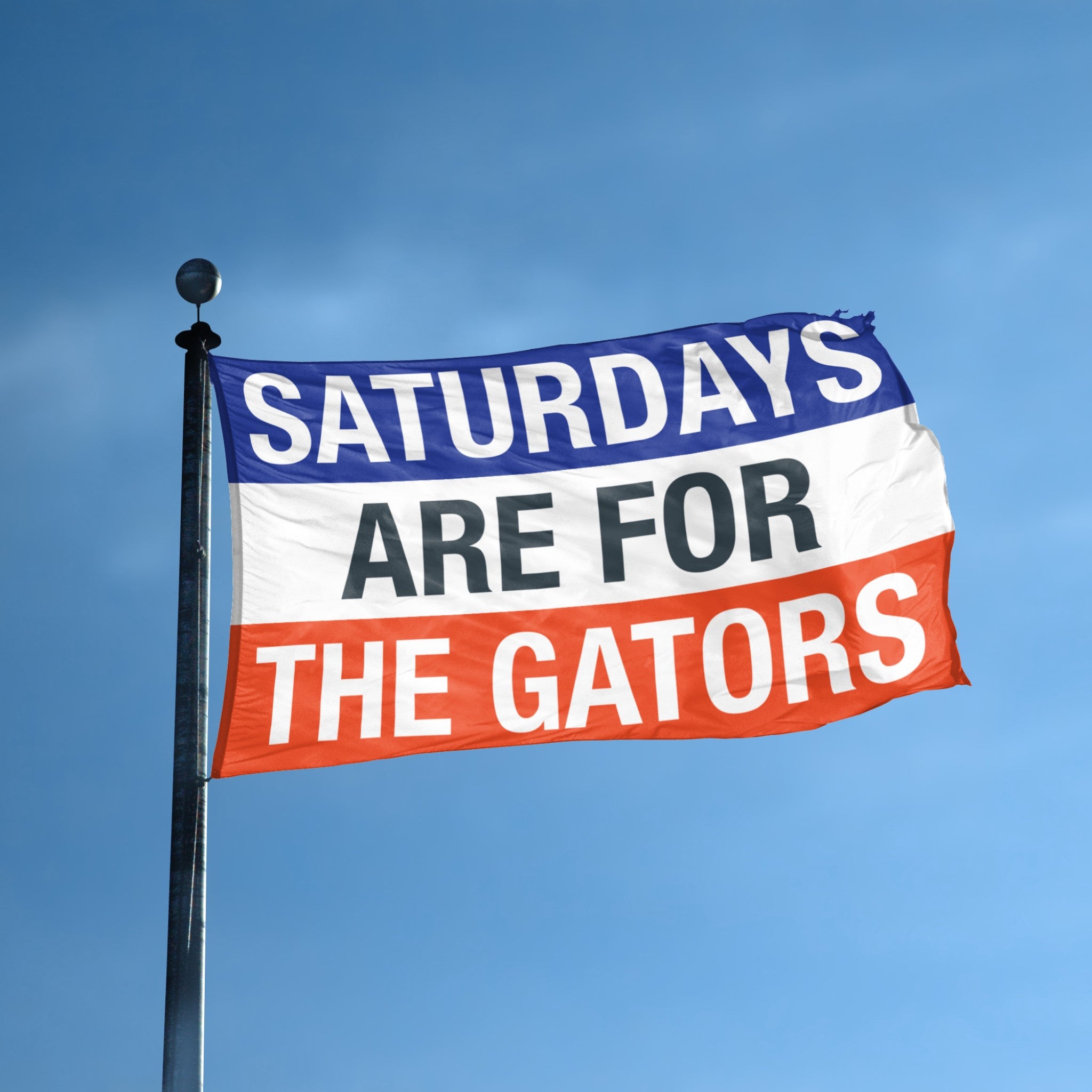 A flag with the saying "Saturdays Are for the Gators", with the sports team color scheme flying high on a pole.