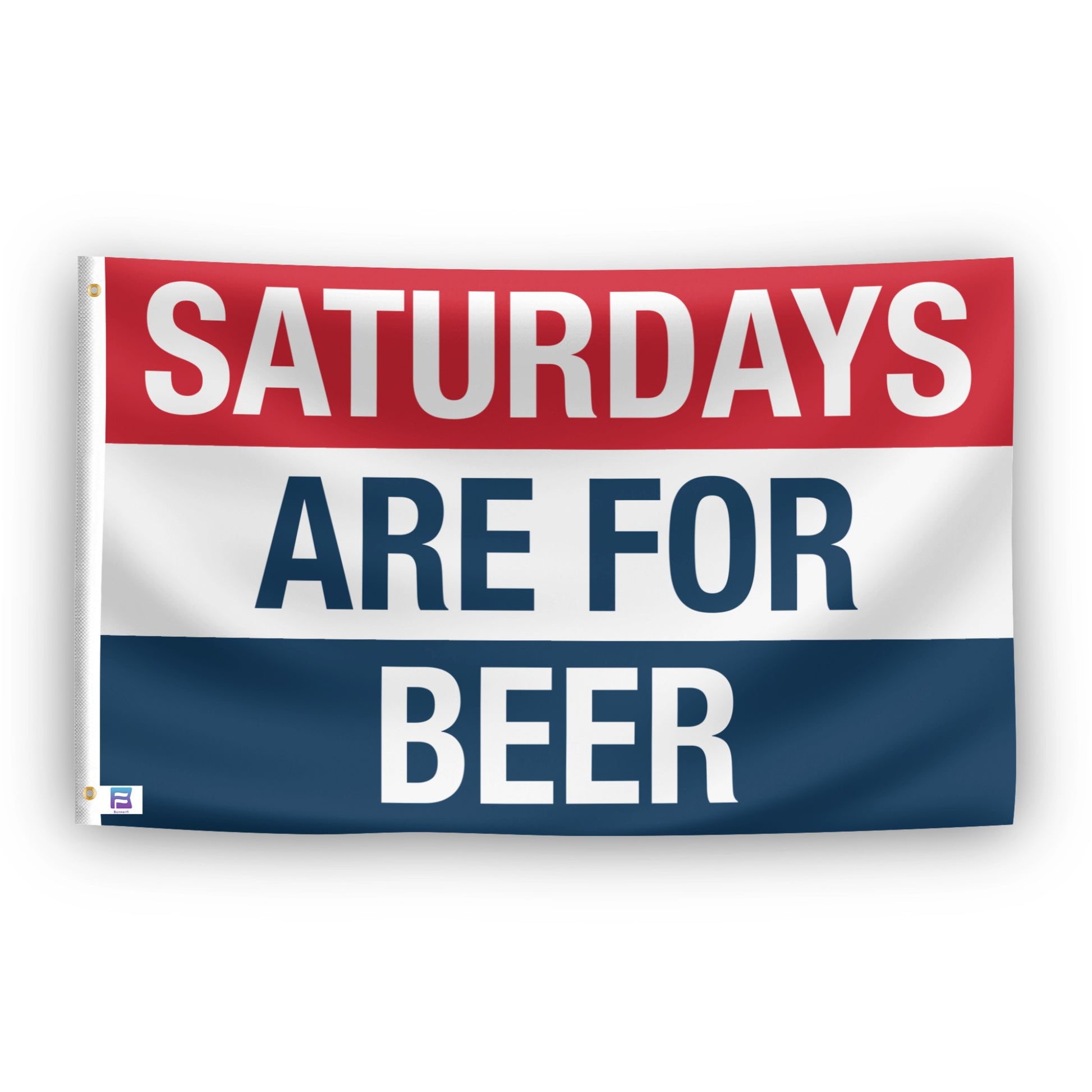 A rectangular flag with a red and blue design, featuring the text 'SATURDAYS ARE FOR BEER' in white capital letters.