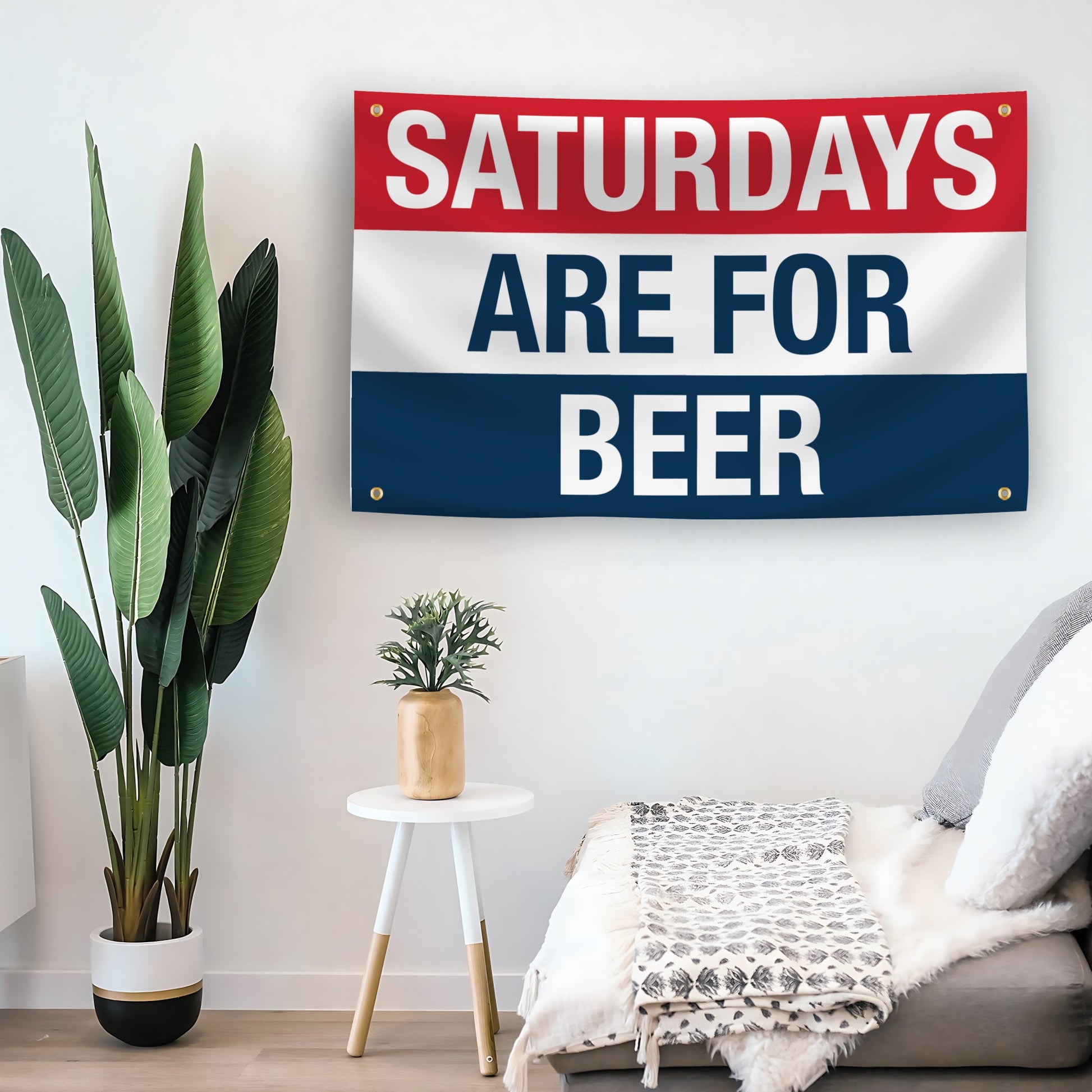 Decorative flag banner with 'Saturdays are for Beer' text in a living room setting.