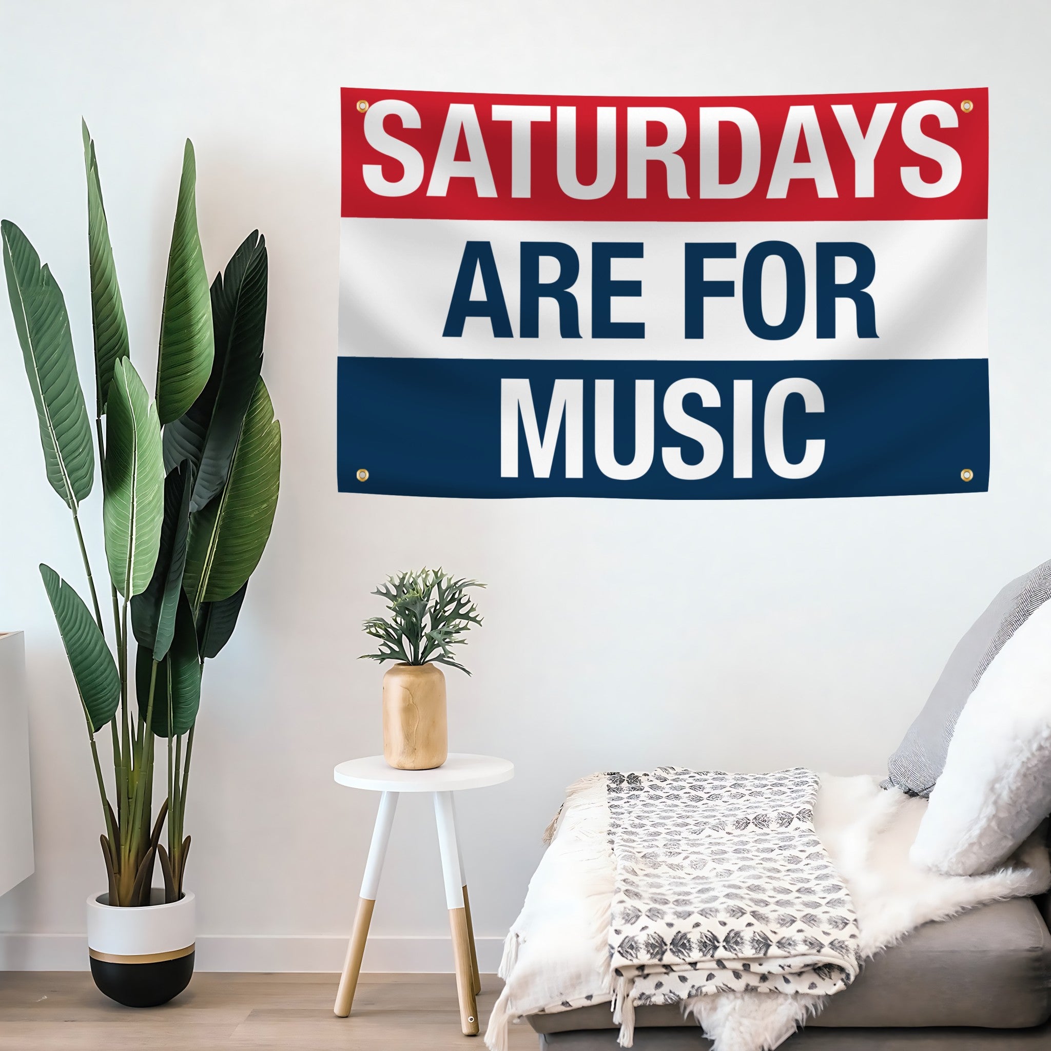 Decorative banner with 'Saturdays are for Music' text in a living room setting.