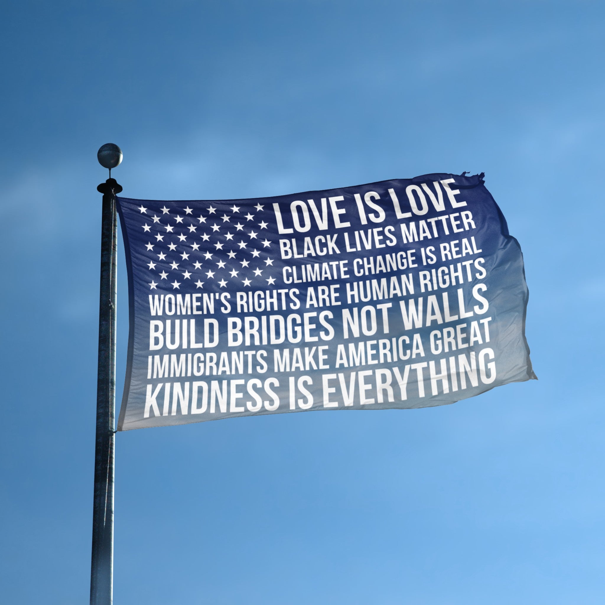 Flag with political statements against a blue sky