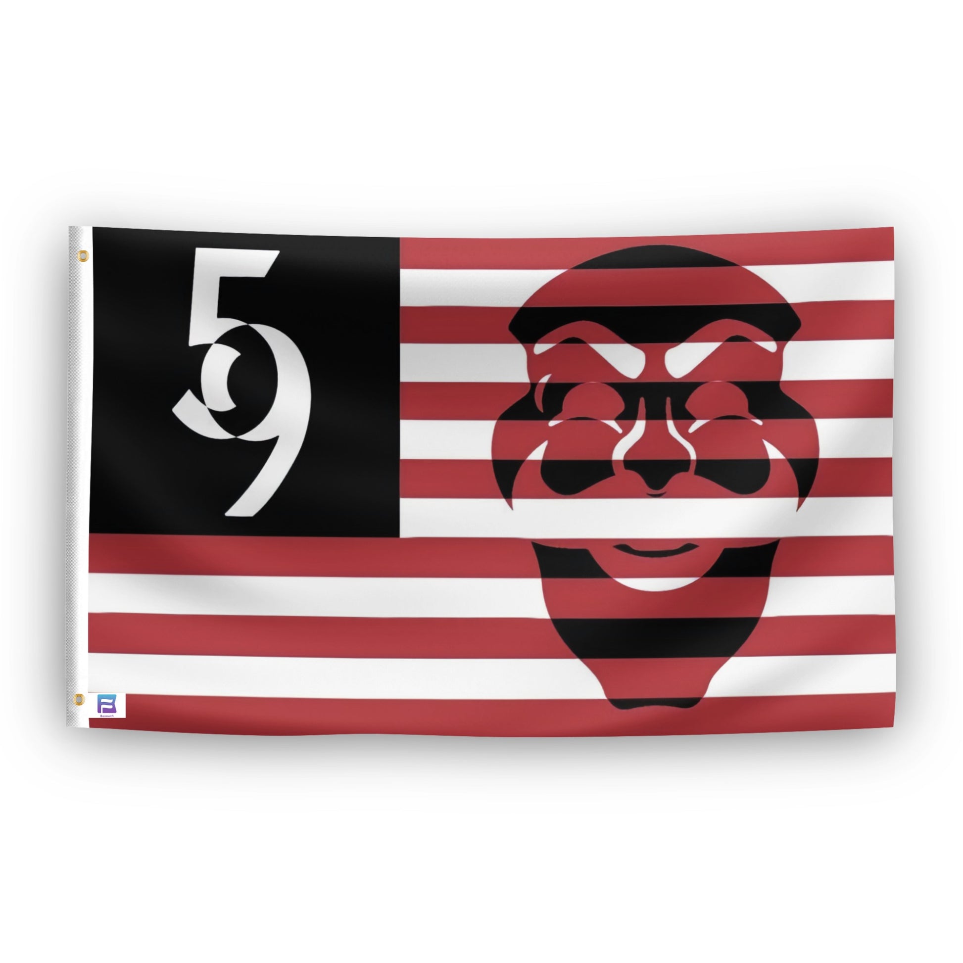 Mr. Robot Fsociety 5/9 Flag with a stylized face on a red, white, and black background