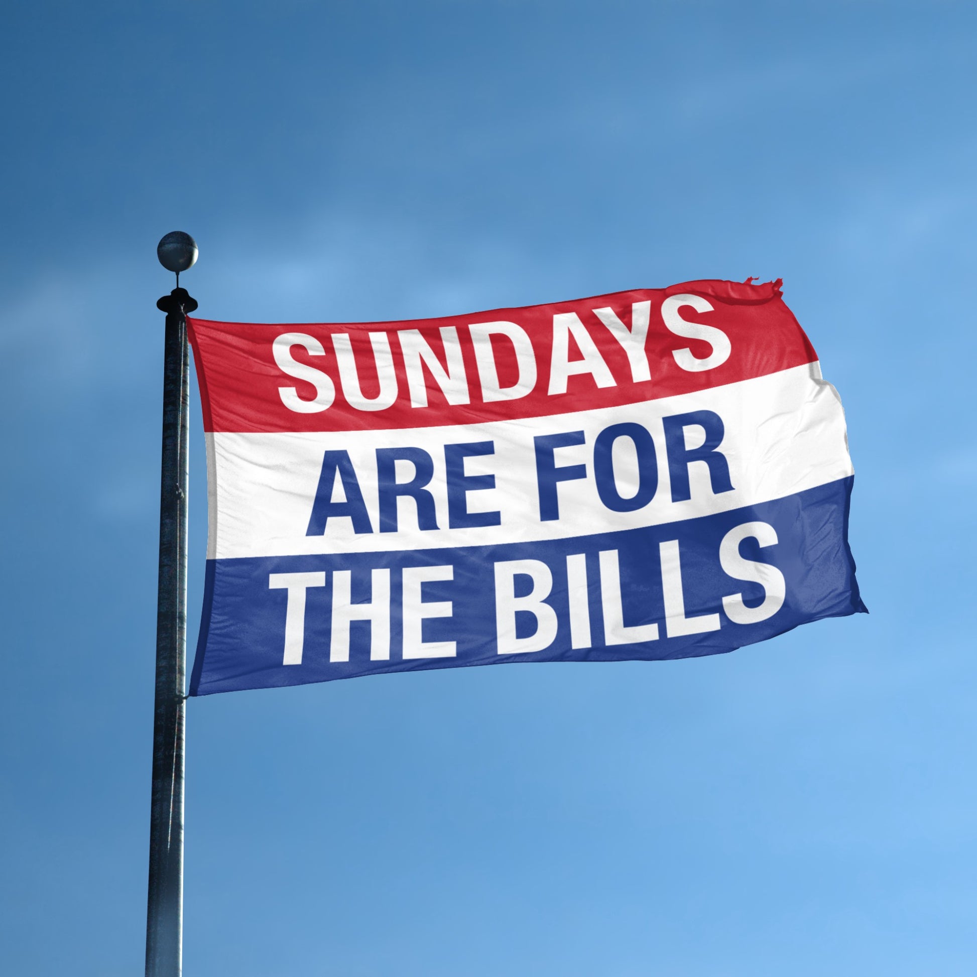 A flag with the saying "sundays for the bills", with the sports team color scheme by Bannerfi flying high on a pole