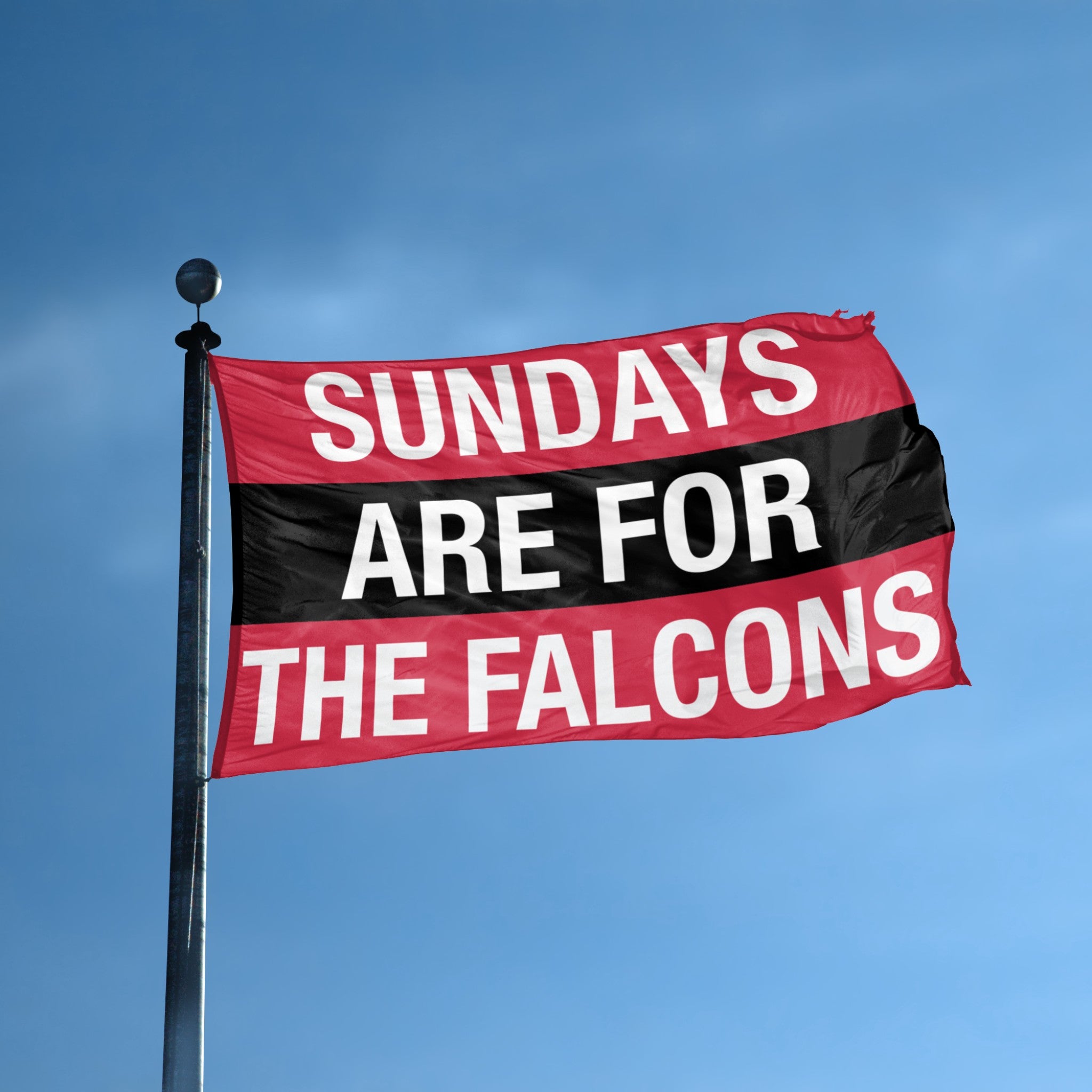 Flag with 'Sundays are for the Falcons' text against a blue sky