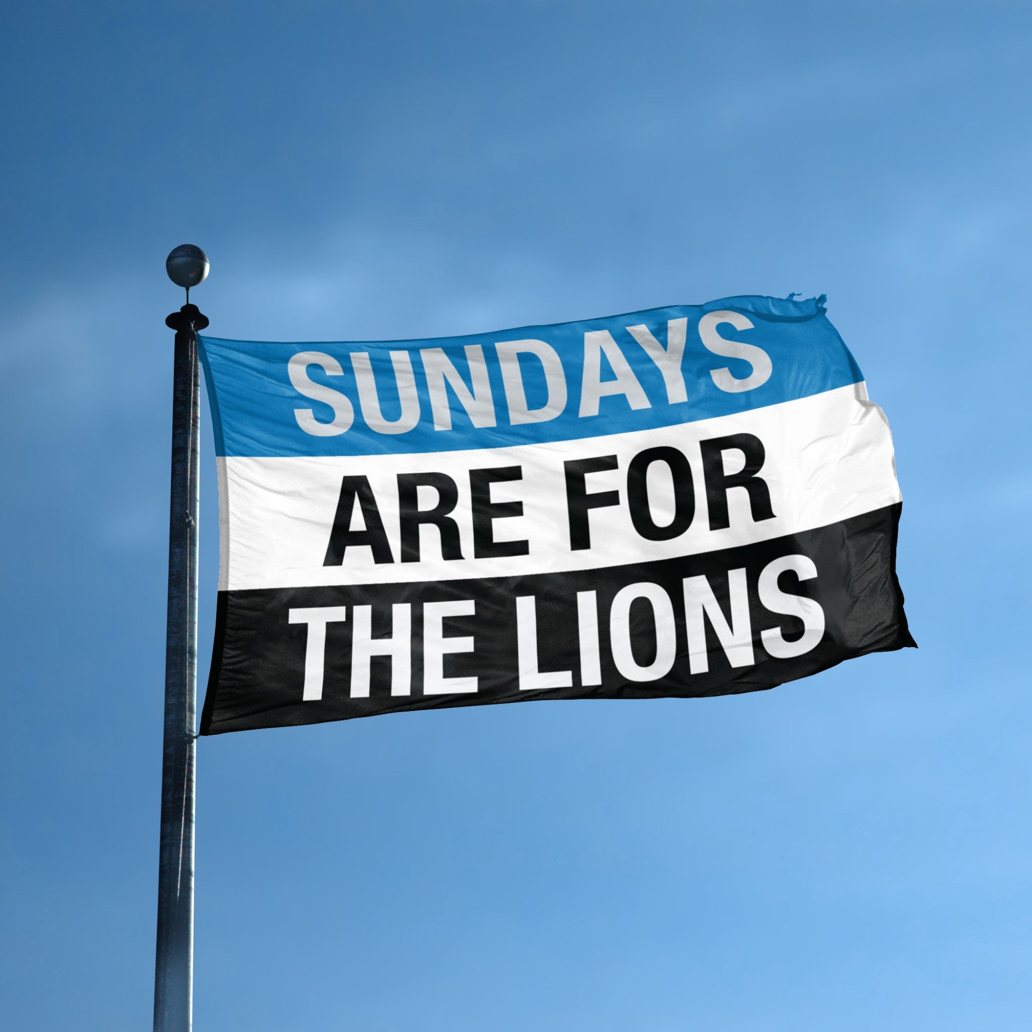 A flag with white text that reads 'SUNDAYS ARE FOR THE LIONS' on a flagpole against a blue sky. 