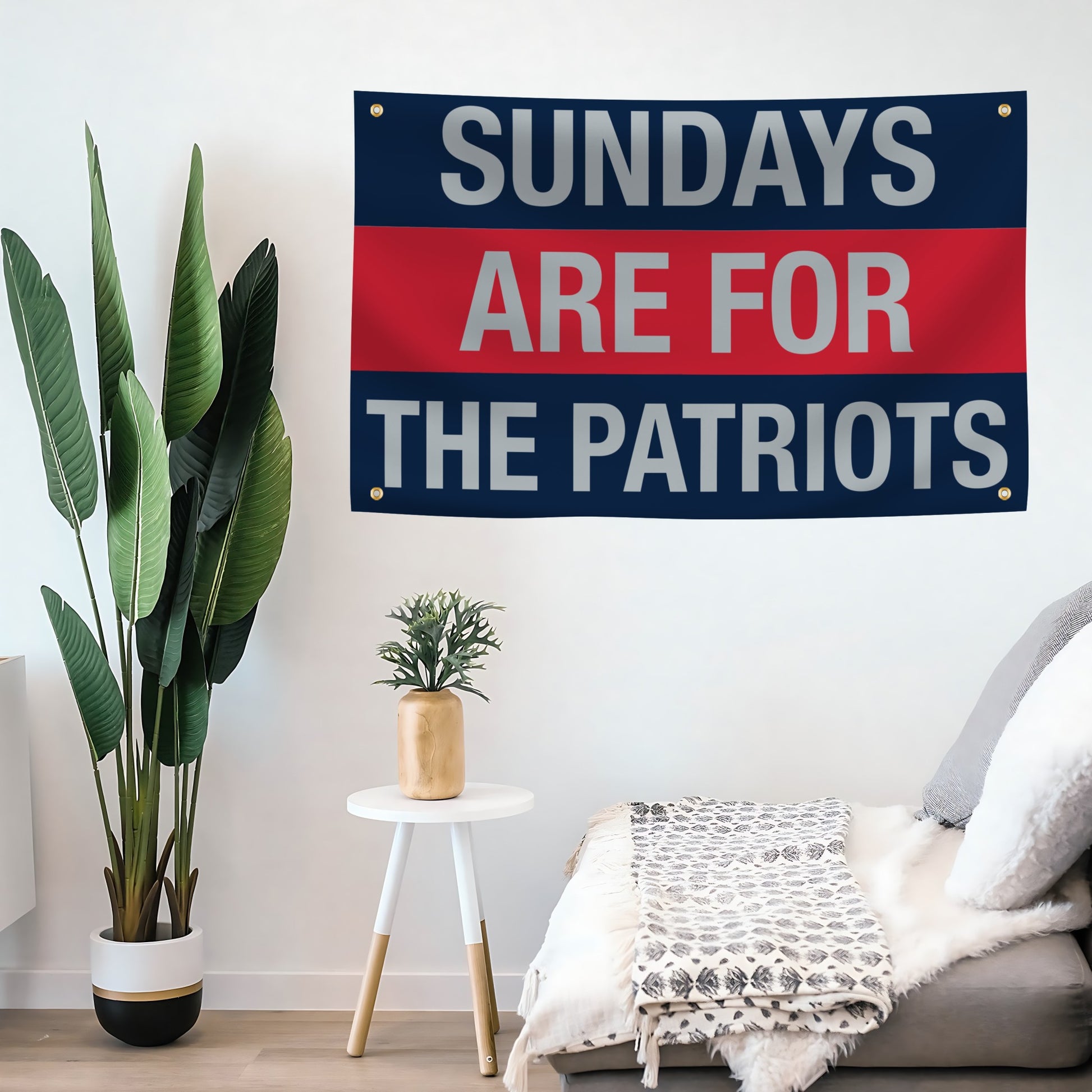 Decorative banner with 'Sundays are for the Patriots' text in a living room setting.