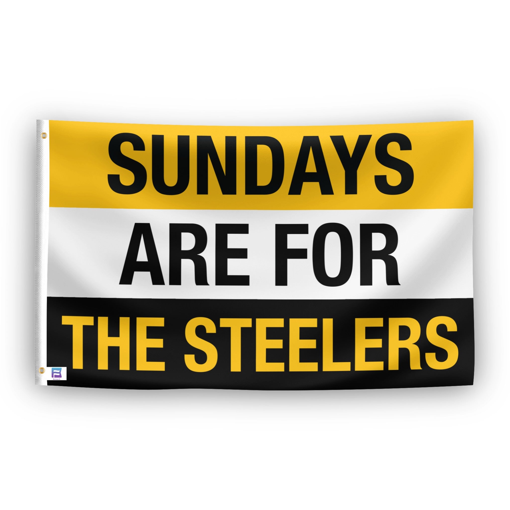 Flag with text 'Sundays are for the Steelers' on a black, yellow and white background.