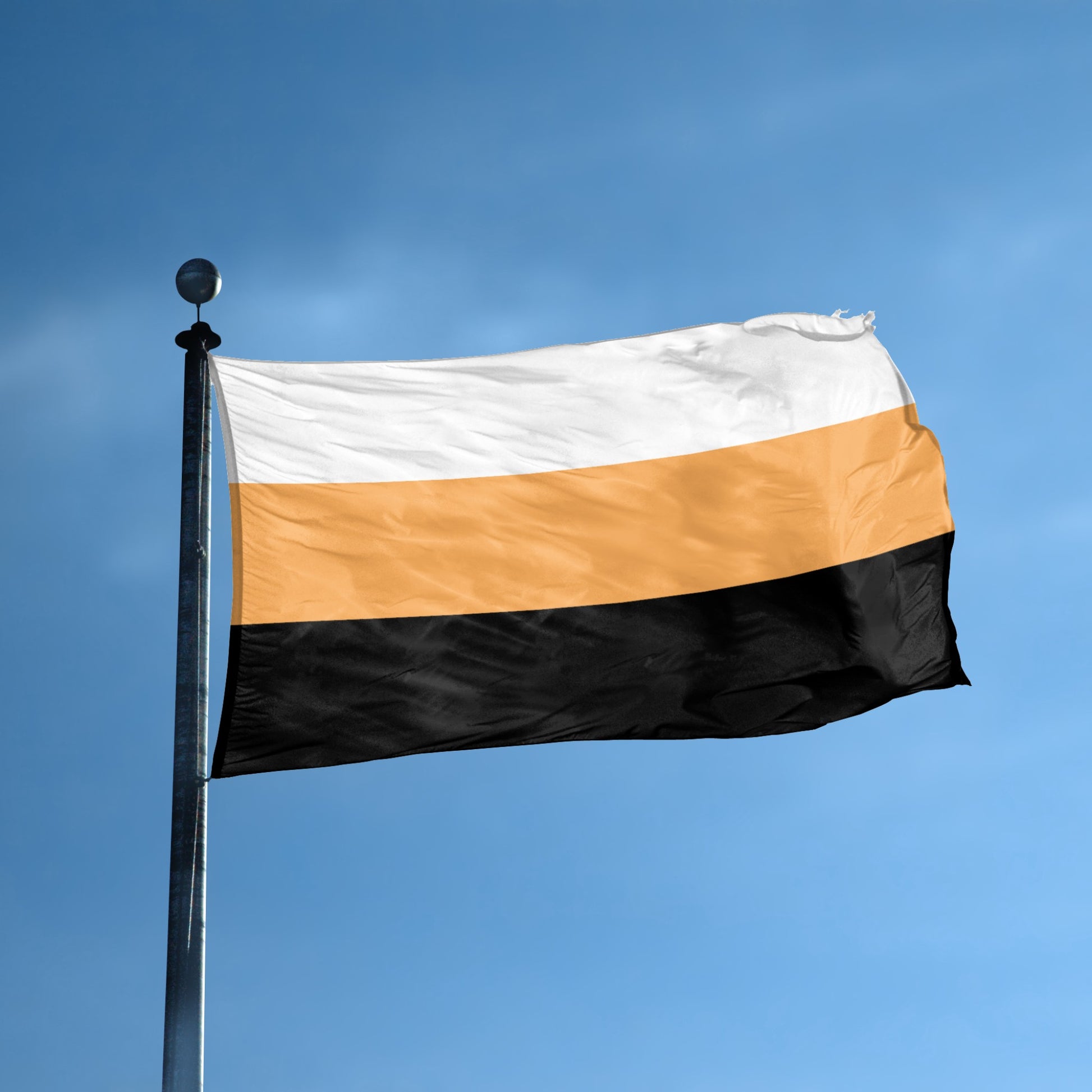 System Pride Flag with white, orange, and black stripes waving against a blue sky by Bannerfi