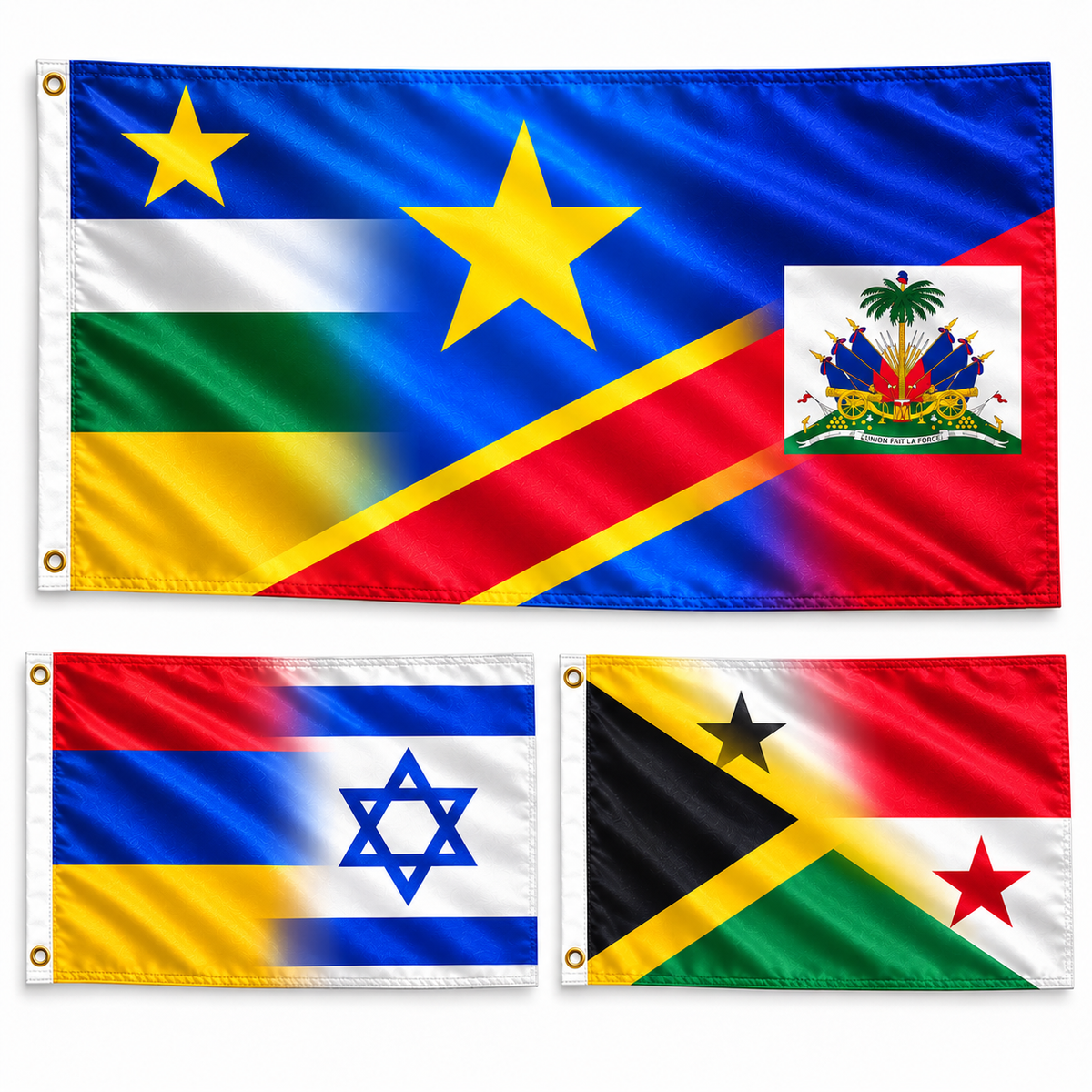 Custom Country Flag Blend house flags set by Bannerfi; three flag panels, including a blue field with yellow stars.