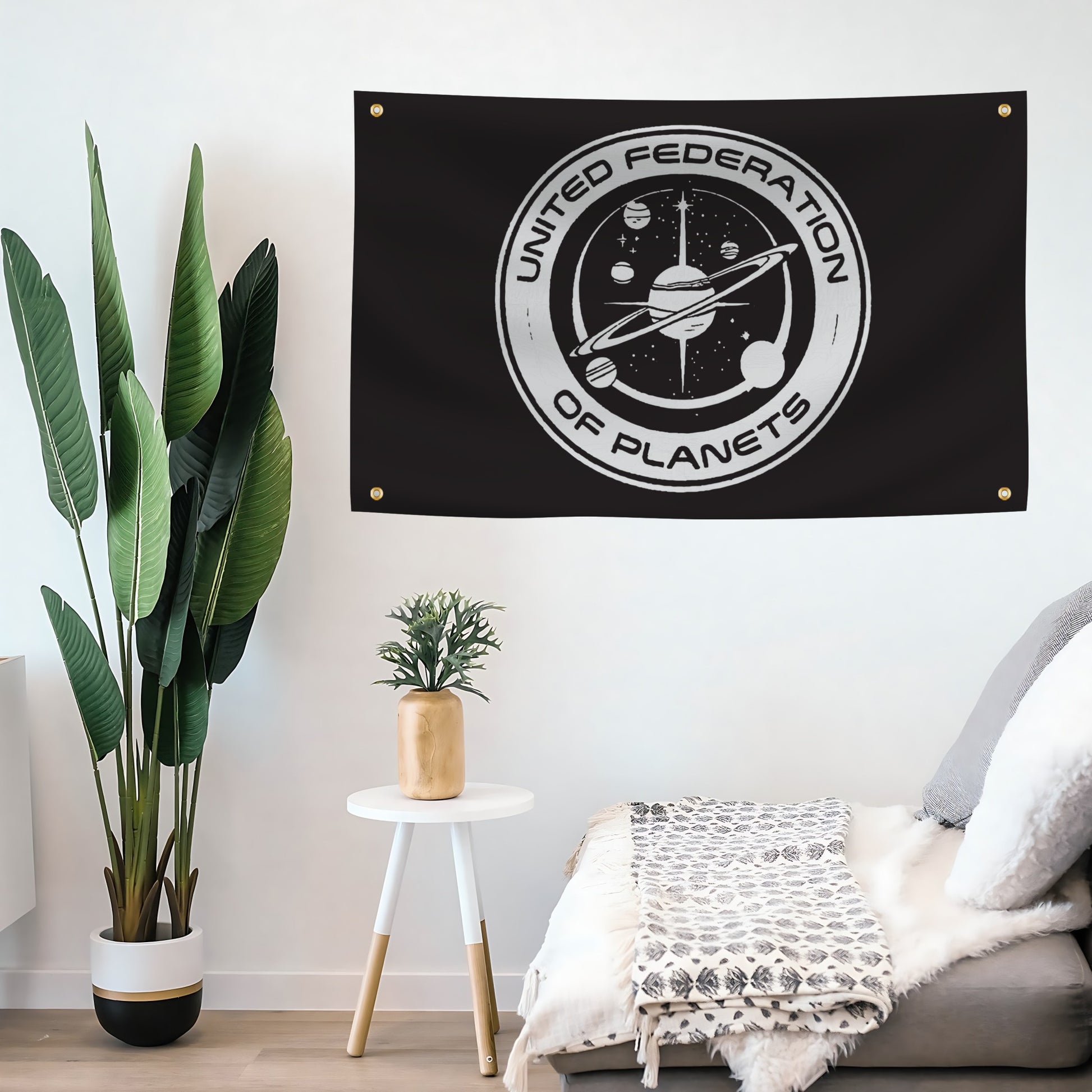 Flag with 'United Federation of Planets' design hanging on a wall above a sofa.