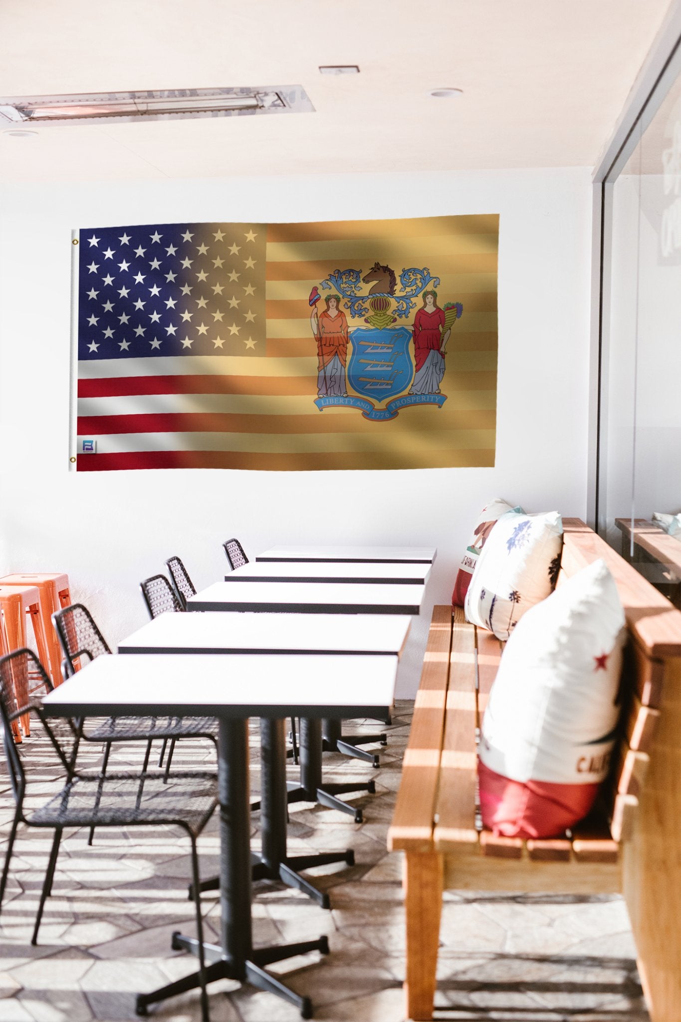 a room with a flag hanging on the wall