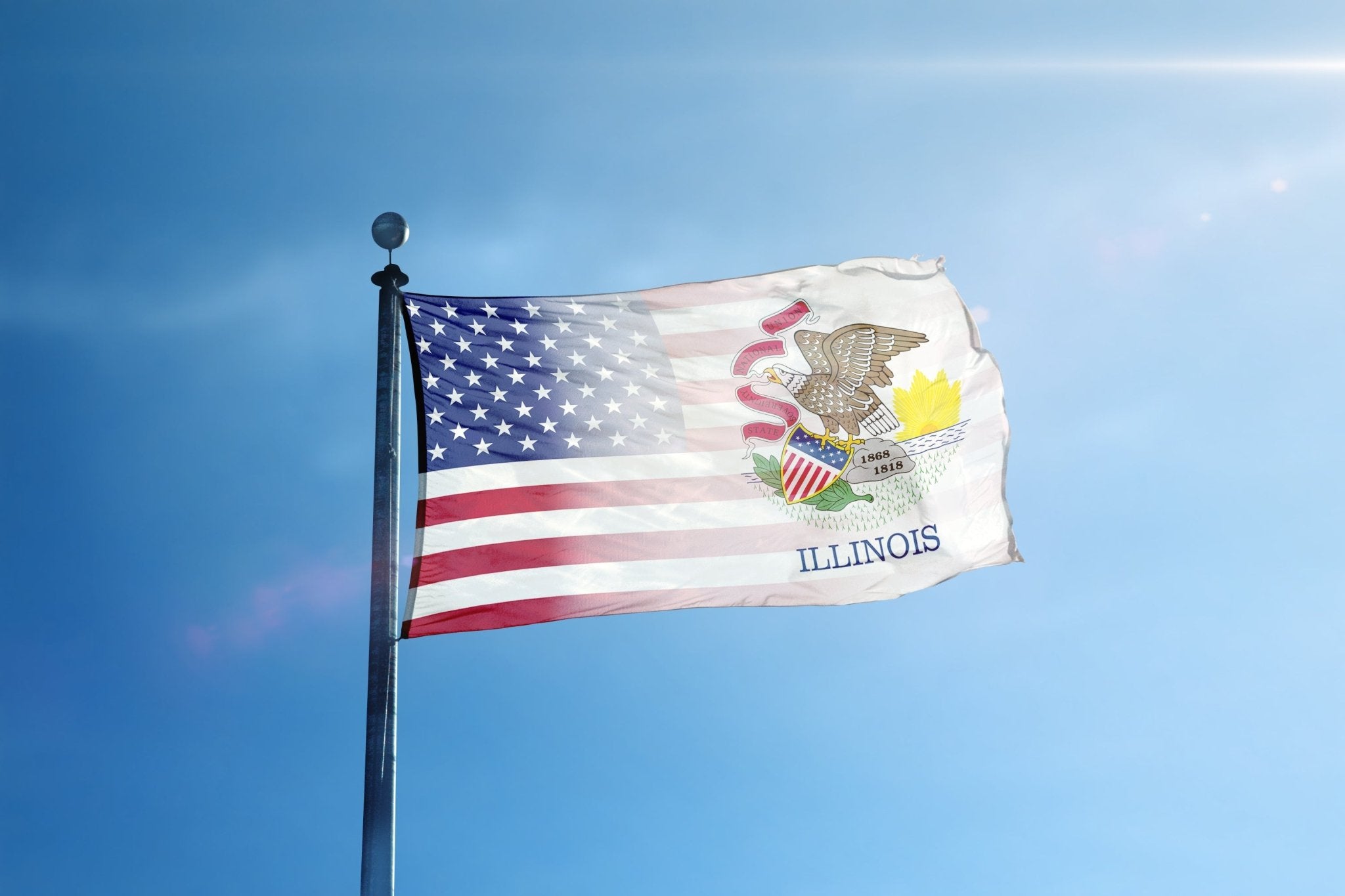 the flag of the united states of illinois flies high in the blue sky