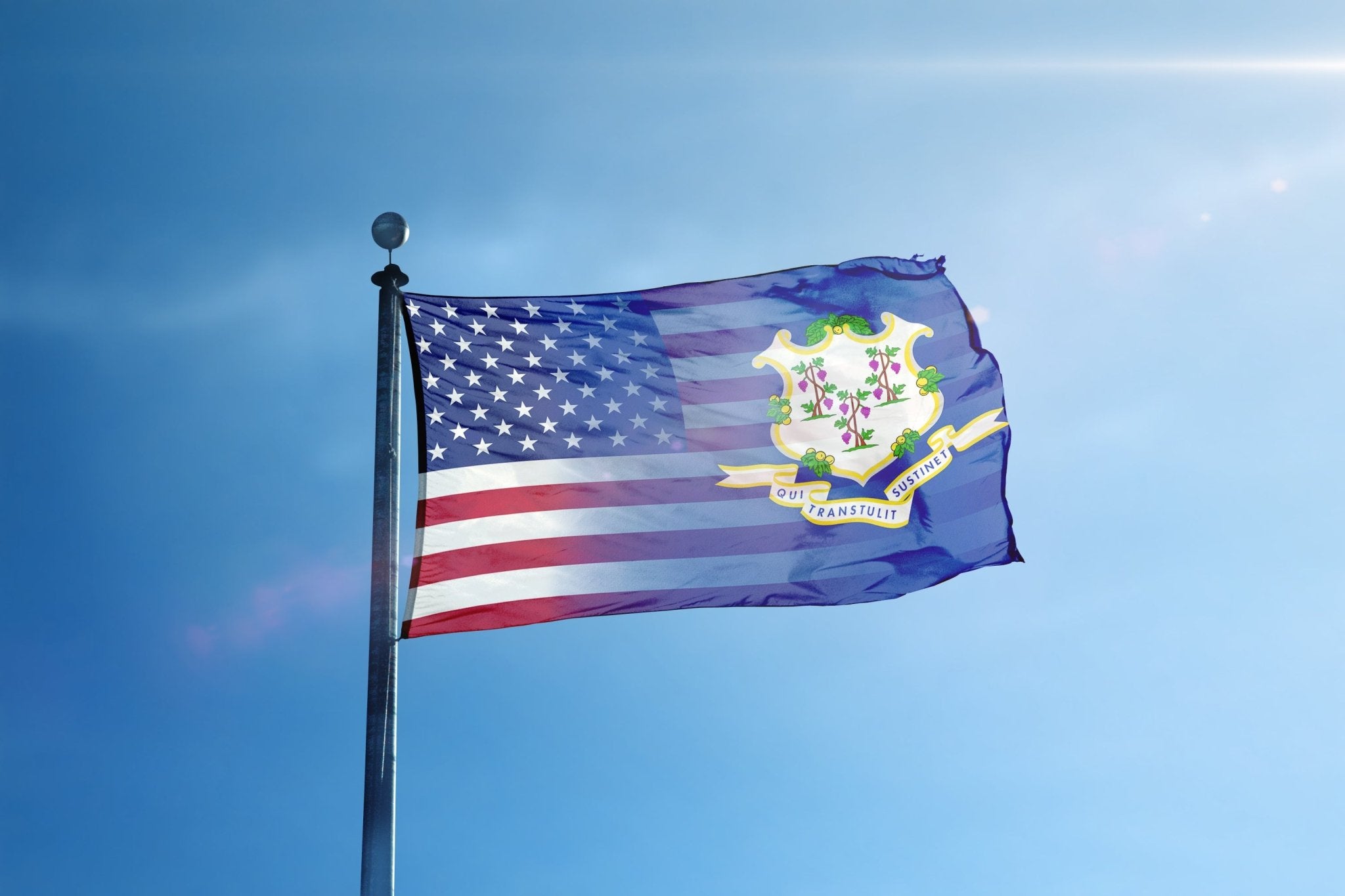 a flag flying in the wind with a blue sky in the background