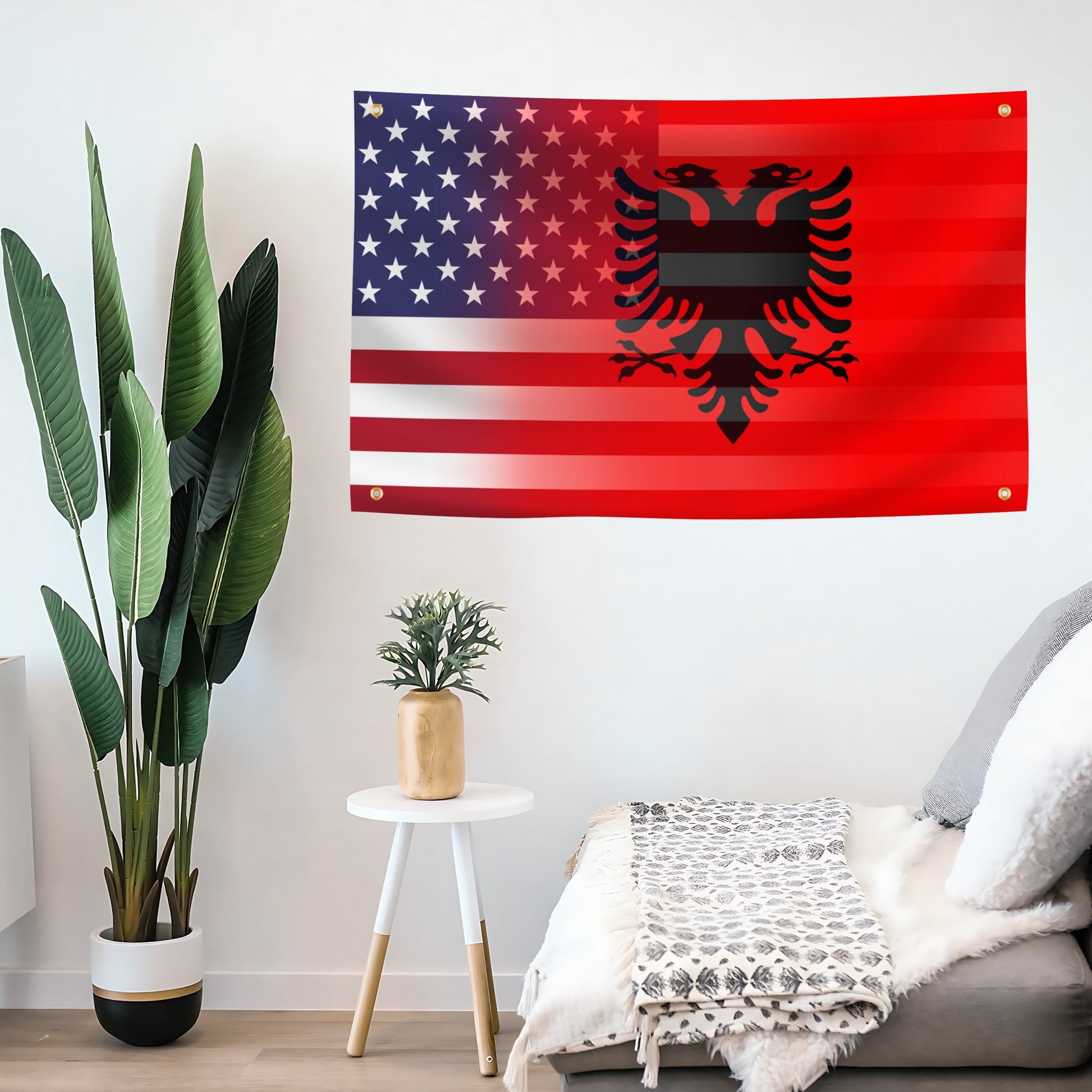 American flag banner with Albanian emblem on a wall in a living room.