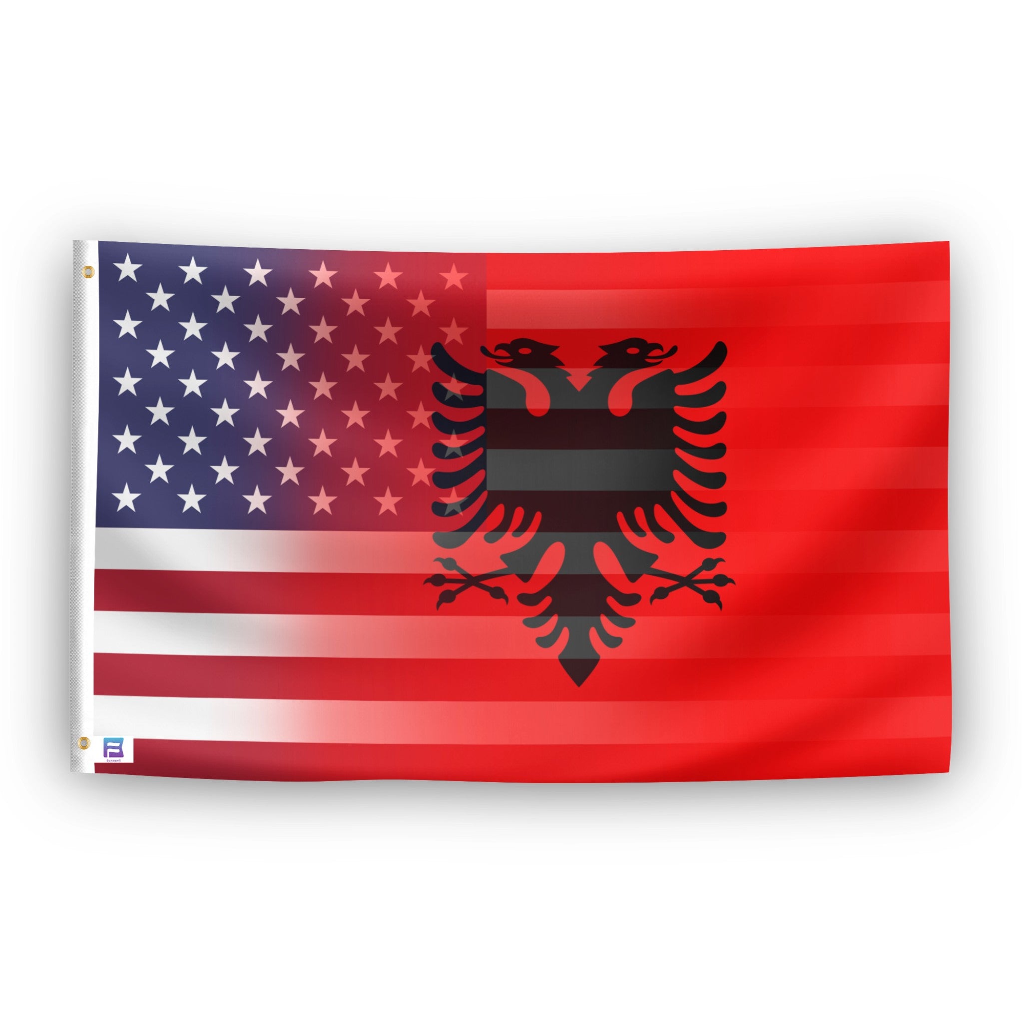 Flag with American and Albanian flag design blended together. 