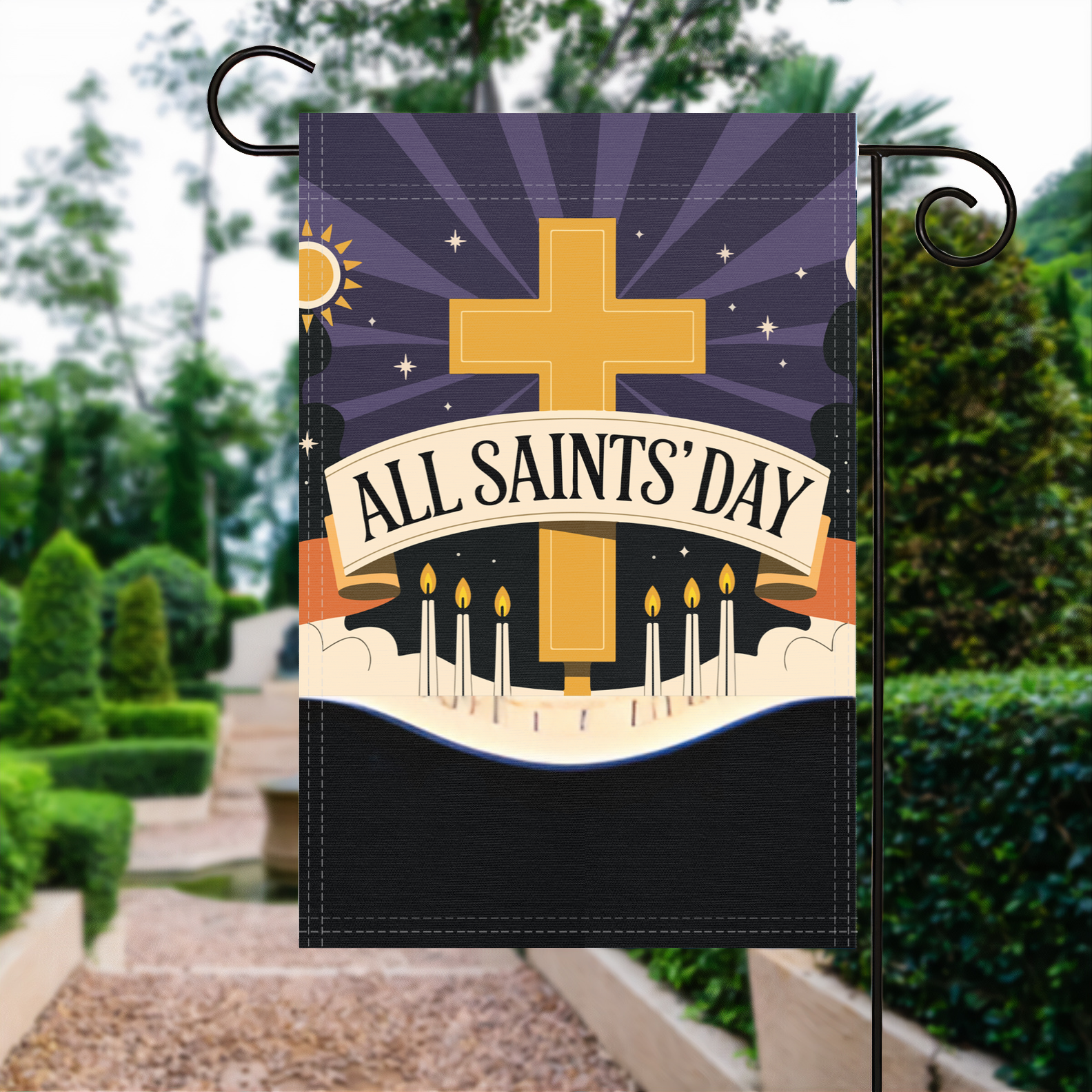All Saints' Day garden flag made of weatherproof polyester displayed in a garden | Bannerfi