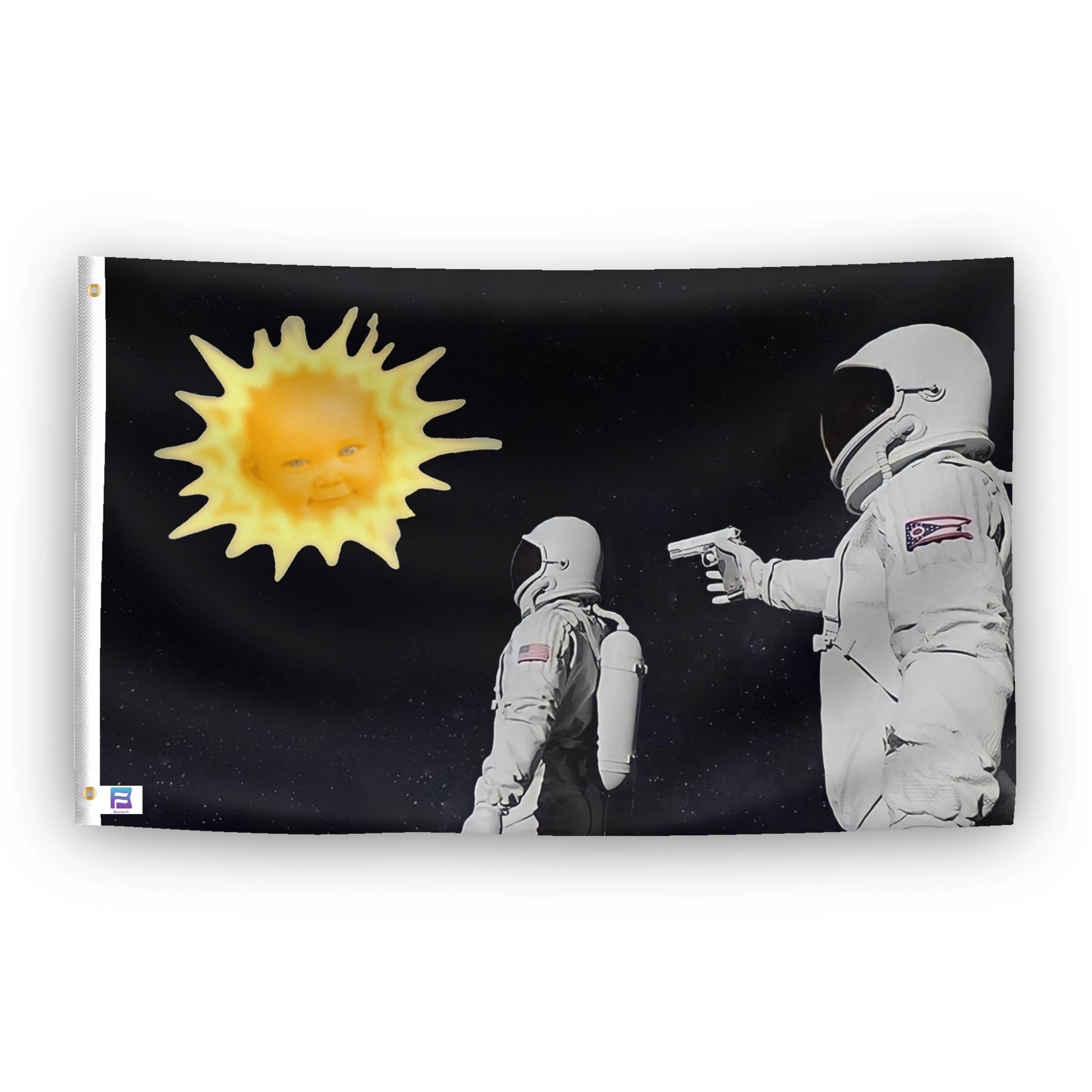 A flag with the theme "Always Has Been Space Meme", displayed with two brass grommets reinforced with a white canvas header.