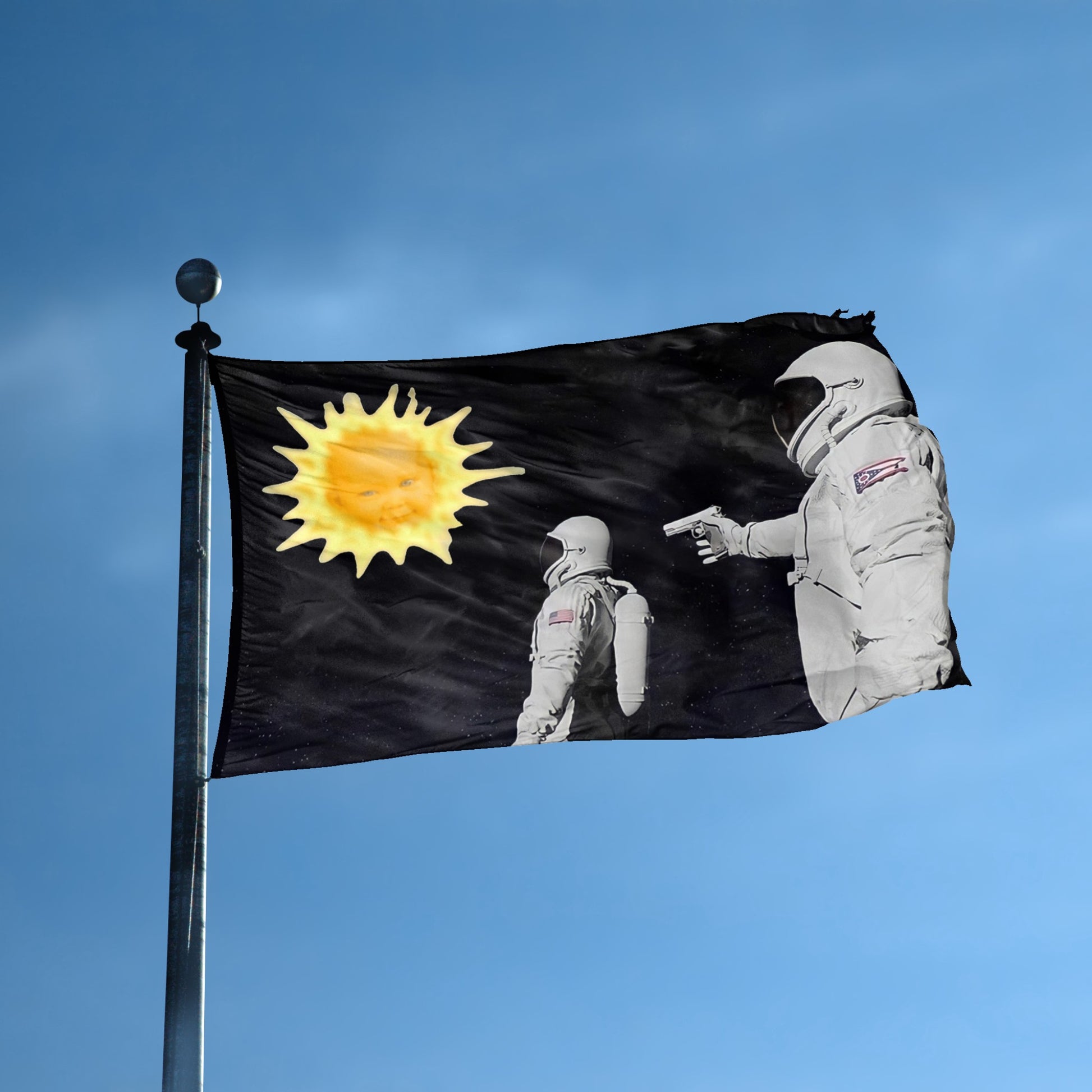A flag with the theme "Always Has Been Space Meme" displayed on a tall flag pole and blue skies.