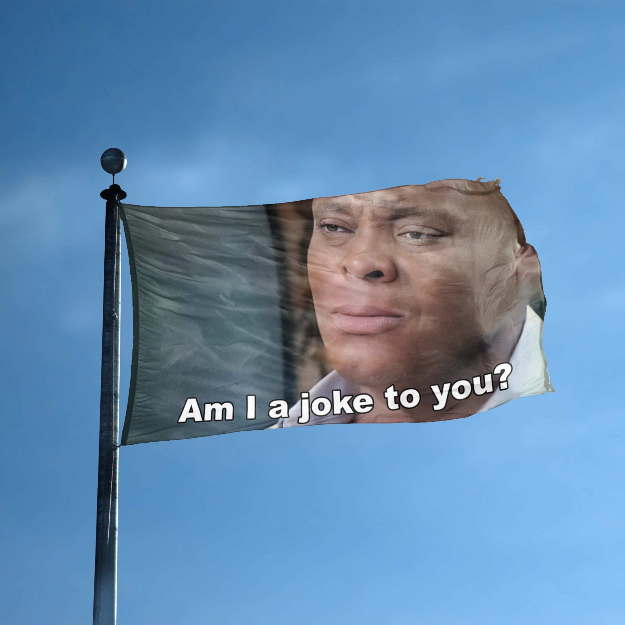 A flag with the theme "Am I A Joke To You Meme" displayed on a tall flag pole and blue skies.