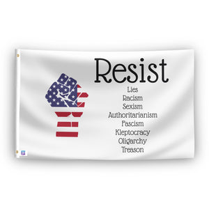 Flag with a resist fist in the American flag colors and anti-establishment text.
