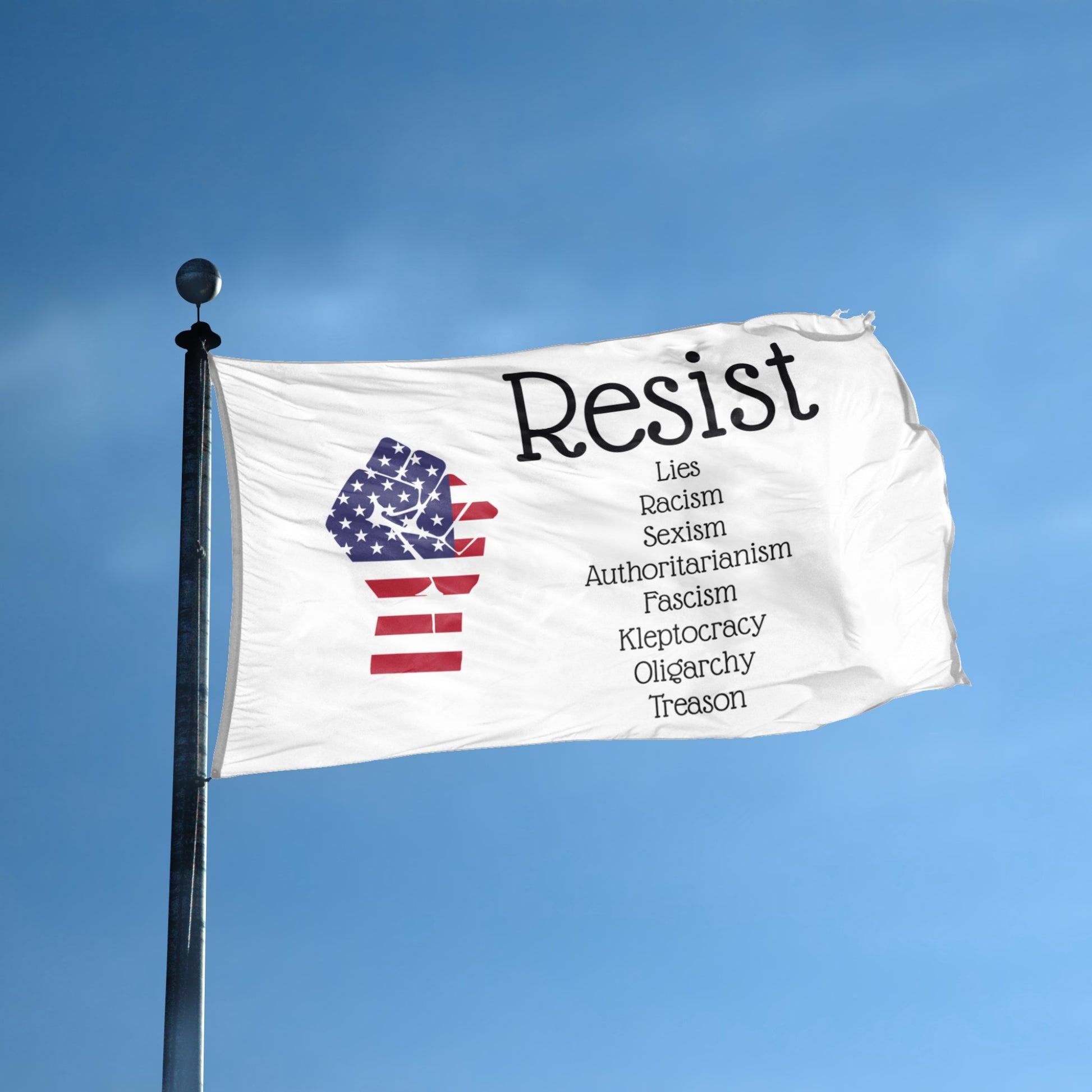 Flag with 'Resist' and anti-establishment symbols against a blue sky