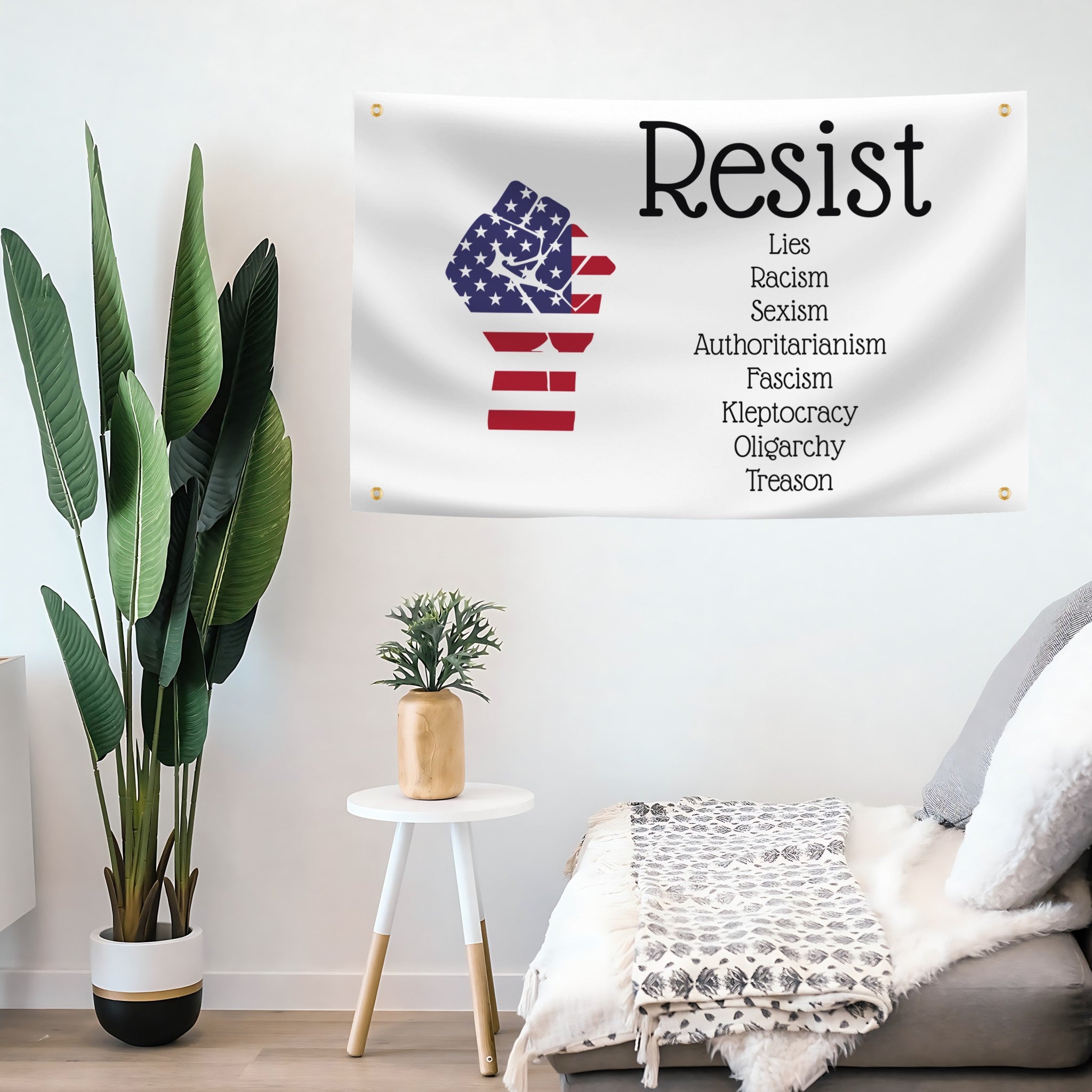 Room interior with a 'Resist' banner on the wall, featuring a fist American flag graphic and anti-establishment text.