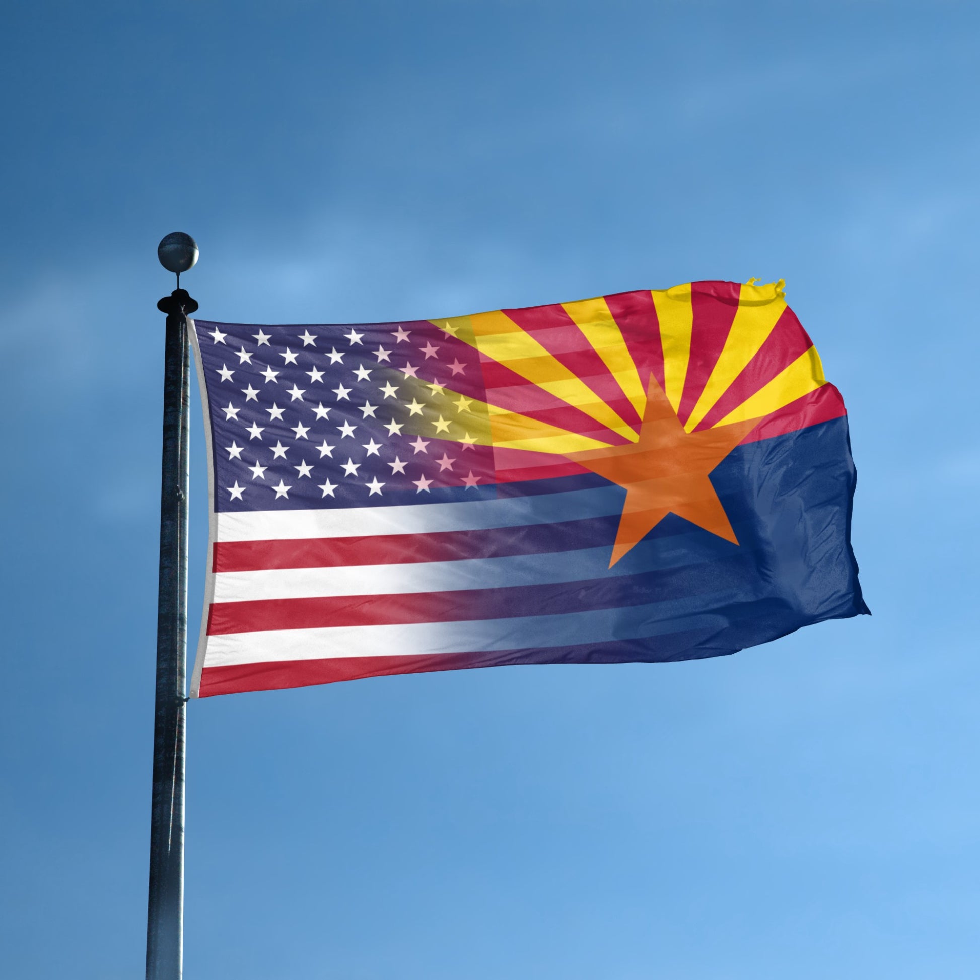 Flag of the United States and Arizona blended together waving on a flagpole against a clear blue sky