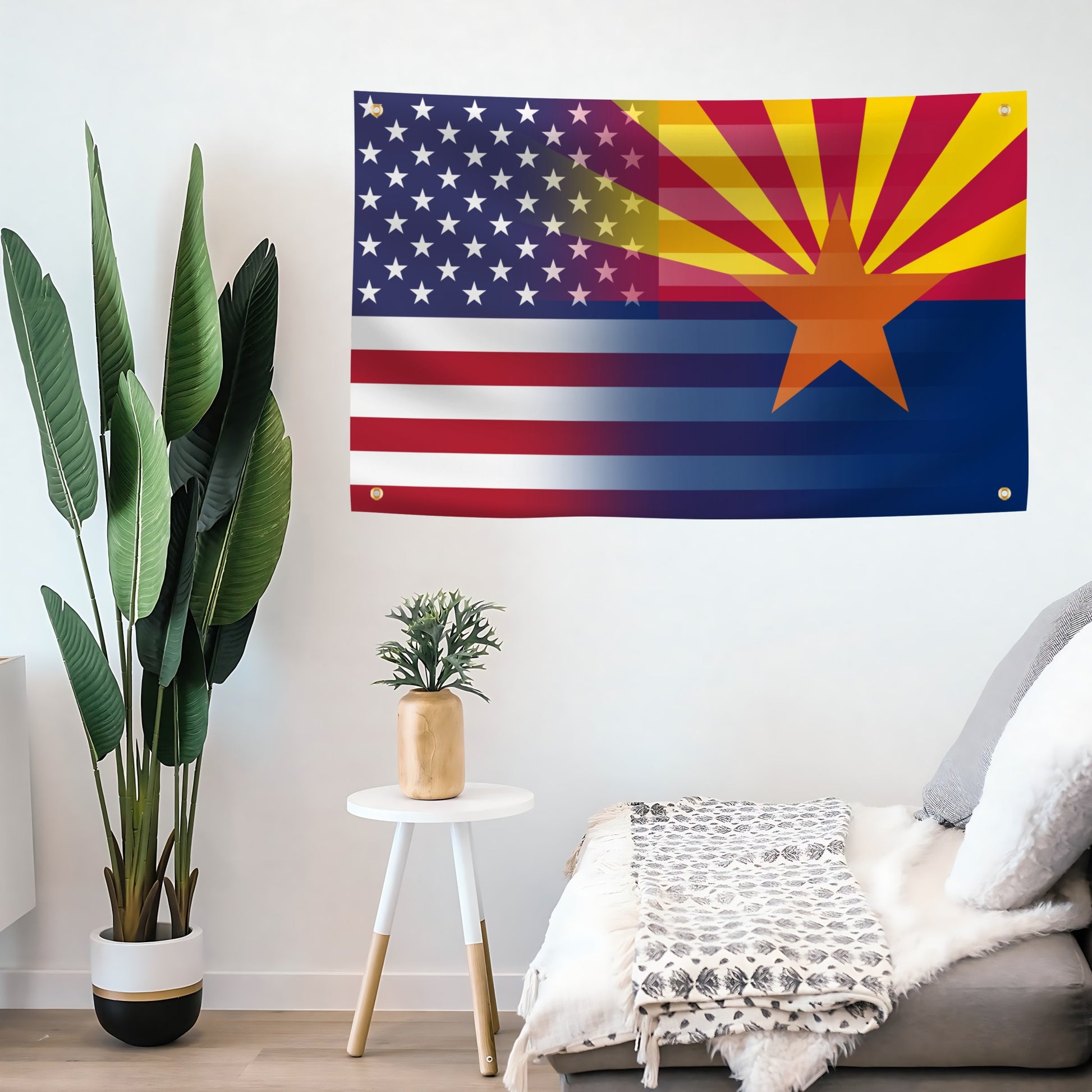 Living room with a large wall flag featuring the American and Arizona flags blended together.