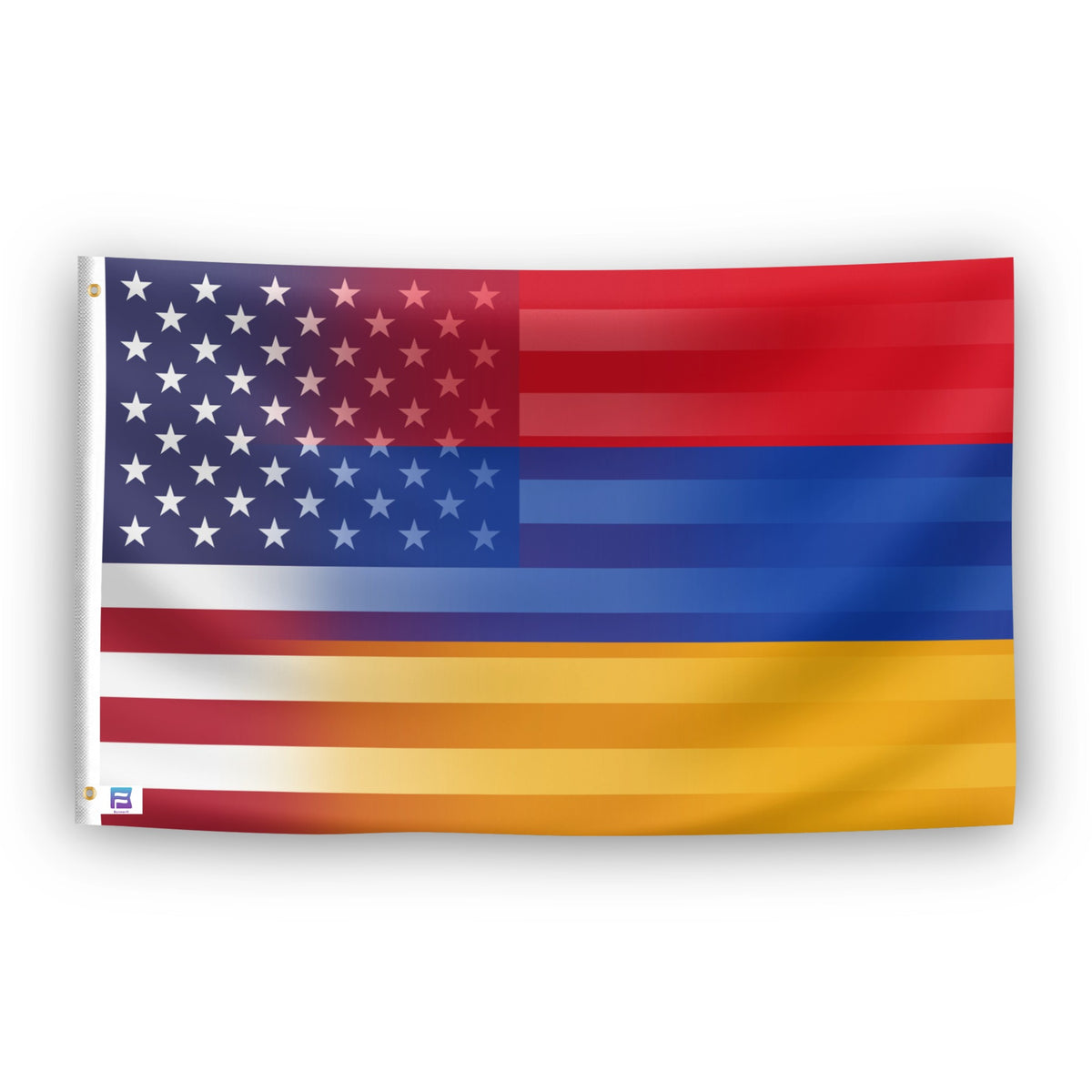 A rectangular flag featuring a stylized American flag design with the Armenian flag colors: red and blue horizontal stripes, a blue canton with white stars, and a yellow band across the bottom.