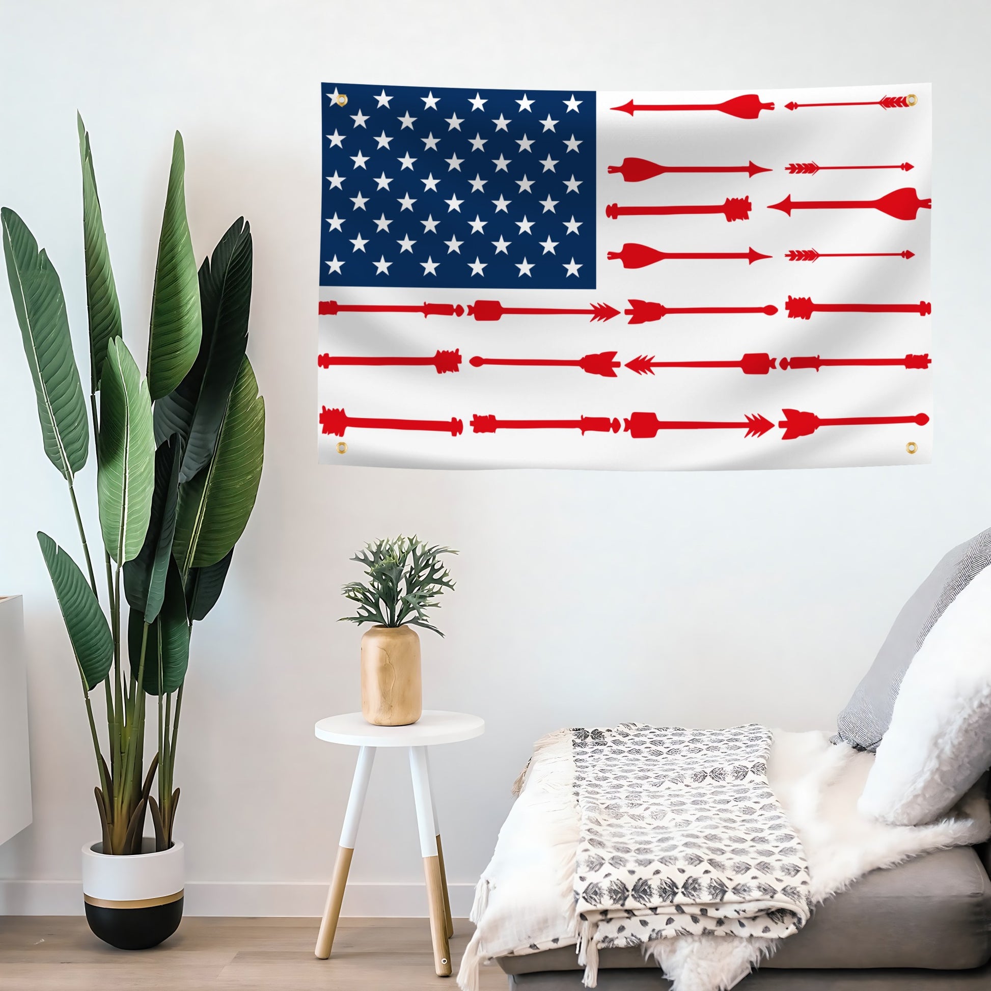 An American flag banner with the red stripes changed to arrows mounted on a living room wall.