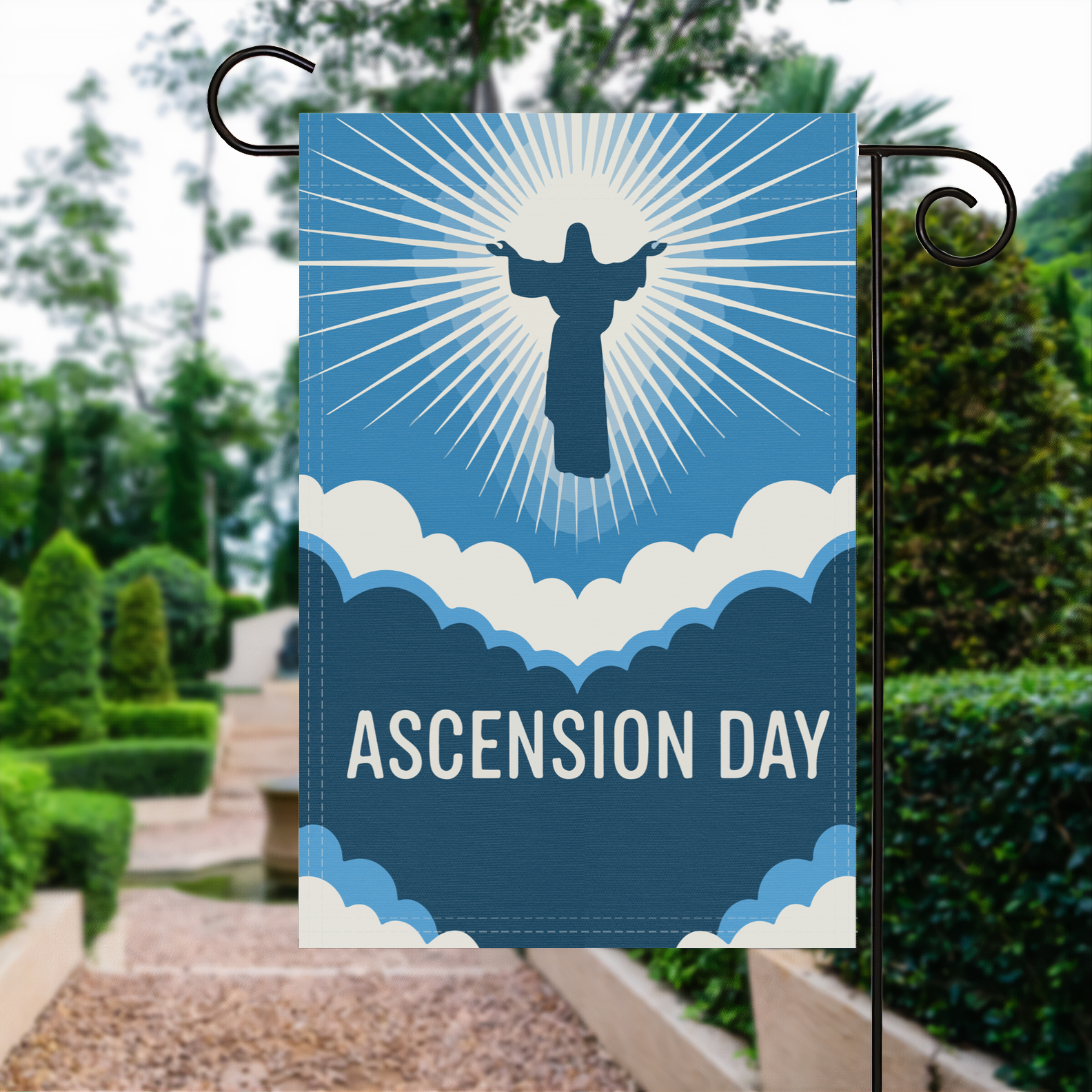 Ascension Day garden flag made of weatherproof polyester displayed in a garden | Bannerfi