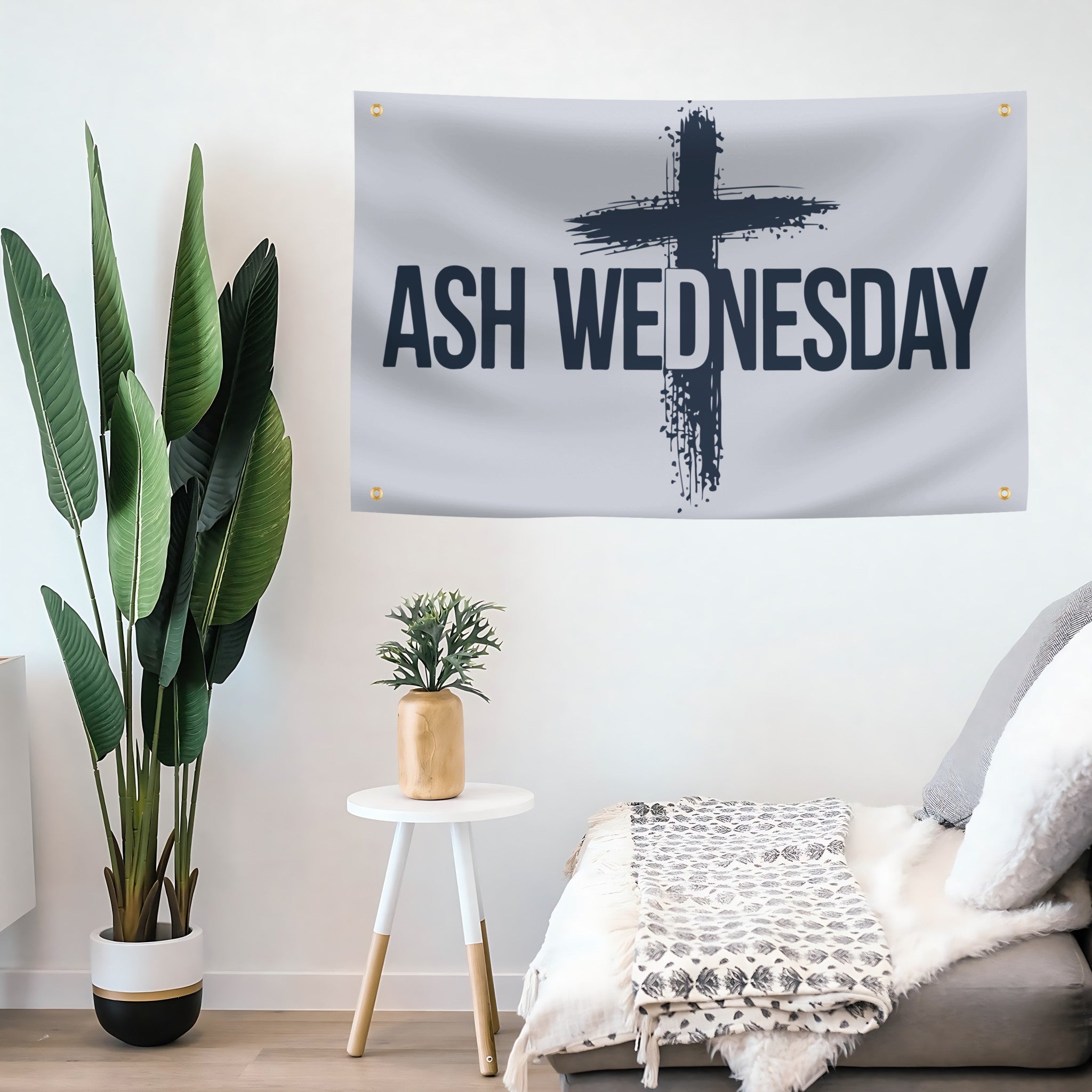 Room interior with 'ASH WEDNESDAY' flag banner featuring a cross.